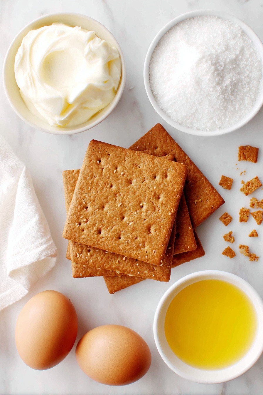 Creamy Lemon Squares, Bright Lemon Dessert, Easy Lemon Bars, Tangy Lemon Squares Recipe, No-Bake Lemon Squares - Flat lay of a small stack of square graham crackers with golden brown texture, a few loose crumbs around them, a small white ceramic bowl filled with melted golden butter, a small white ceramic bowl with white granulated sugar, two whole brown eggs with smooth clean shells, a small white ceramic bowl holding thick creamy sweetened condensed milk, and a small white ceramic bowl with bright yellow freshly squeezed lemon juice, all arranged symmetrically and evenly spaced, placed on a clean white marble surface, soft natural light, photo taken with an iPhone, professional food photography style, fresh ingredients, white ceramic bowls, no bottles, no duplicates, no utensils, no packaging --ar 2:3 --v 7 --p m7354615311229779997