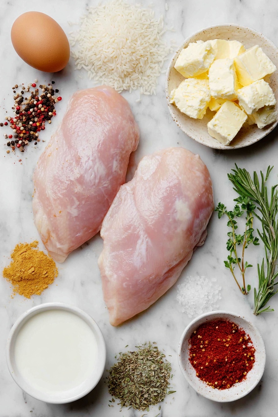 Creamy Herb Chicken with Basmati Rice, creamy herb chicken, herb chicken recipes, easy creamy chicken dinner, flavorful chicken and rice dish - Flat lay of two whole uncut chicken breasts, a small pile of uncooked basmati rice grains, a small mound of bright red paprika powder, a small heap of light brown ground cumin, a small heap of dried oregano leaves, a tiny pile of crushed red chili flakes, a small pile of fine salt crystals, a small pile of black peppercorns, two small white ceramic bowls—one with creamy white butter chunks, one with smooth cream cheese, one with white milk, a few fresh sprigs each of thyme, rosemary, and basil arranged neatly, a small heap of ground fennel seeds, one whole uncracked brown egg, and one fresh garlic clove, placed on a clean white marble surface, soft natural light, photo taken with an iPhone, professional food photography style, fresh ingredients, white ceramic bowls, no bottles, no duplicates, no utensils, no packaging --ar 2:3 --v 7 --p m7354615311229779997