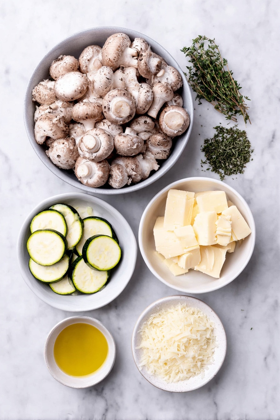 Skillet Zucchini and Mushrooms, zucchini and mushroom stir-fry, easy vegetable skillet, healthy veggie dinner, quick zucchini mushroom recipe - Flat lay of fresh small button mushrooms clustered naturally, two small zucchini sliced into thin half-moon shapes, a small yellow onion finely diced in a neat pile, a few peeled garlic cloves minced and arranged, fresh chopped green herbs including thyme and oregano sprigs, a small handful of bright green parsley leaves, a small pile of finely grated parmesan cheese, a small white ceramic bowl with golden olive oil, another small white bowl with creamy butter pats, and a third small white bowl filled with clear vegetable broth, all ingredients laid out symmetrically on a clean white marble surface, soft natural light, photo taken with an iPhone, professional food photography style, fresh ingredients, white ceramic bowls, no bottles, no duplicates, no utensils, no packaging --ar 2:3 --v 7 --p m7354615311229779997