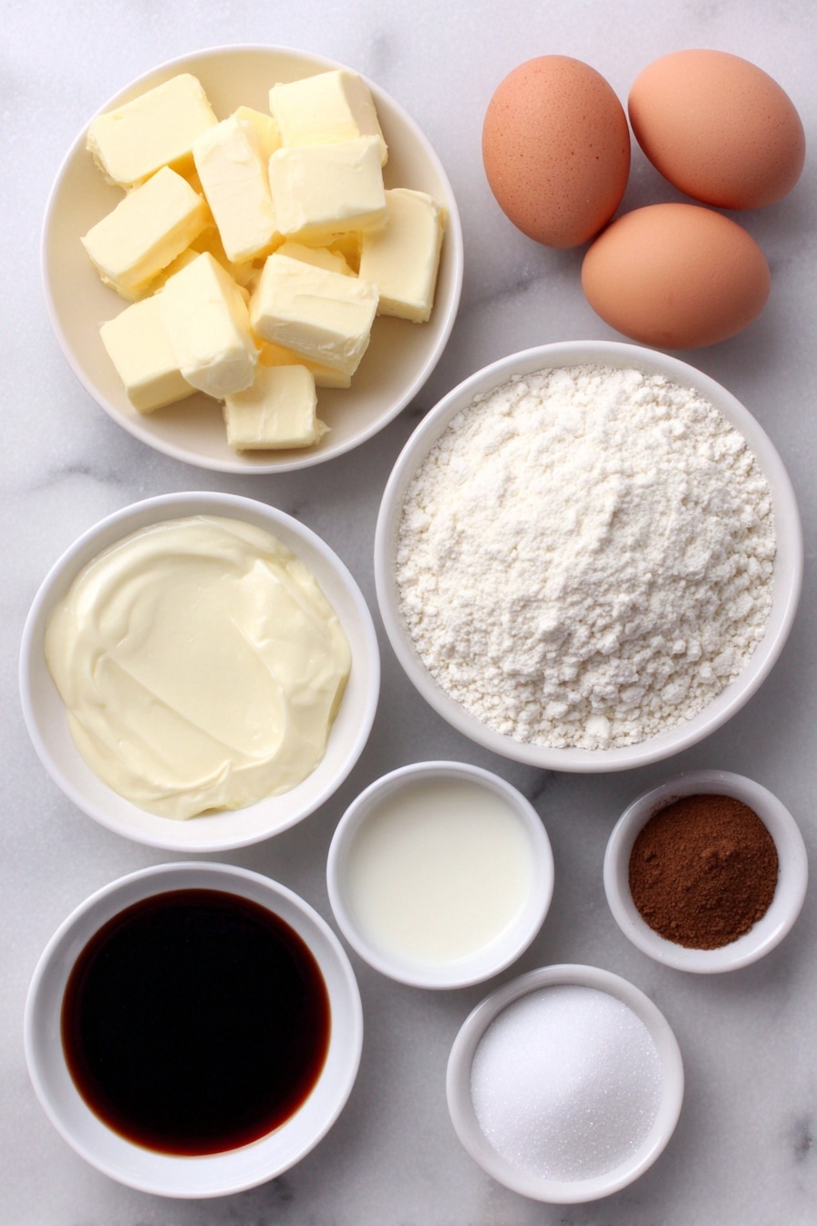 Cinnamon Donut Bread, cinnamon swirl bread, easy bread recipes, glazed bread loaf, homemade cinnamon bread - Flat lay of a small white ceramic bowl filled with golden canola oil, a few chunks of unsalted butter softened to creamy texture, a small white bowl heaped with white granulated sugar, two whole brown eggs with smooth clean shells, a small white bowl of translucent vanilla extract, a neat pile of all-purpose flour on a white ceramic plate, a small white bowl of fine baking powder, a pinch of salt in a small white dish, a small white bowl filled with creamy buttermilk, a small white bowl containing warm brown ground cinnamon, and a tiny white bowl with dark glossy molasses all arranged symmetrically, placed on a clean white marble surface, soft natural light, photo taken with an iPhone, professional food photography style, fresh ingredients, white ceramic bowls, no bottles, no duplicates, no utensils, no packaging --ar 2:3 --v 7 --p m7354615311229779997