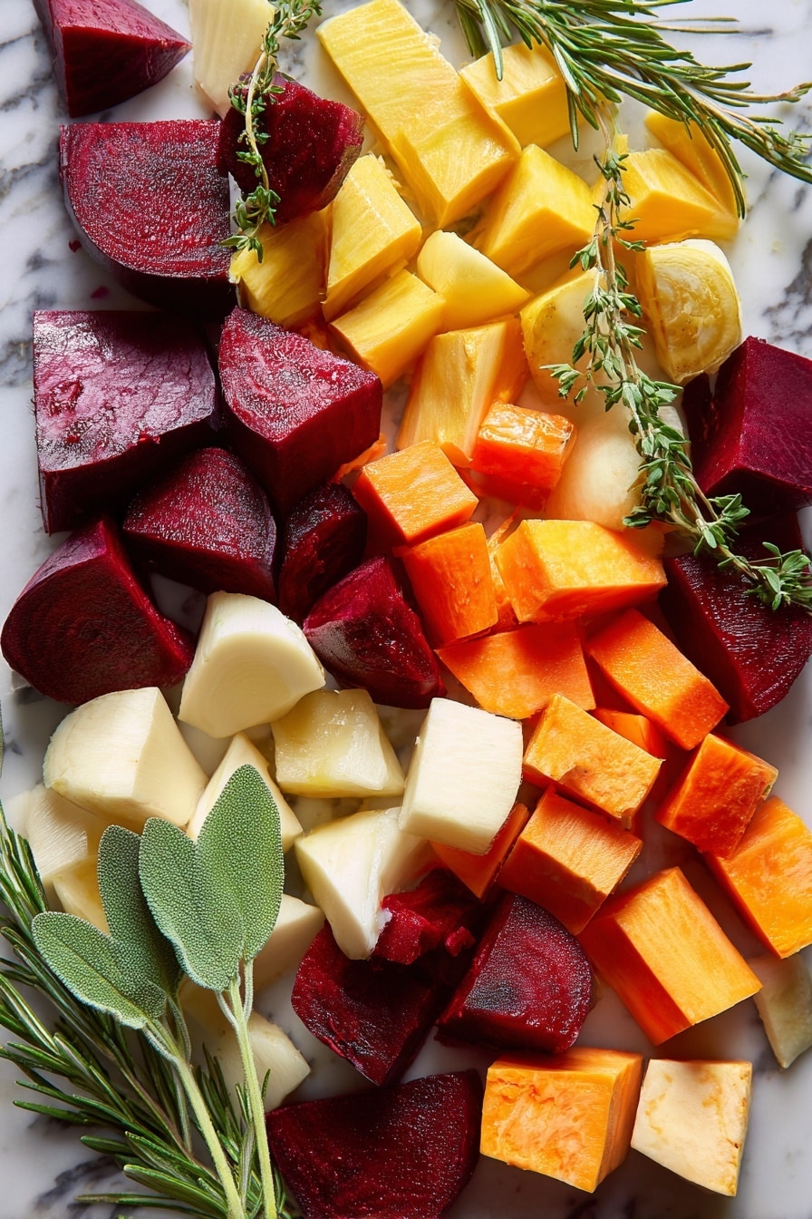 Roasted Root Vegetables with Crispy Sage and Herb-infused Oil, roasted root vegetables, crispy sage recipes, herb-infused vegetable dishes, autumn vegetable recipes - Flat lay of vibrant red and golden beets peeled and cut into chunks, bright orange carrot slices with smooth edges, pale cream parsnip pieces, rich orange sweet potato cubes, and soft white turnip chunks, all fresh and raw. Scattered among them are sprigs of fresh green rosemary, sage leaves with a velvety texture, and delicate thyme leaves. A few crisp, deep green sage leaves add contrast, their texture slightly crinkled. The ingredients are naturally and loosely arranged to show off their earthy colors and textures, placed on white marbled surface, photo taken with an iphone --ar 2:3 --v 7