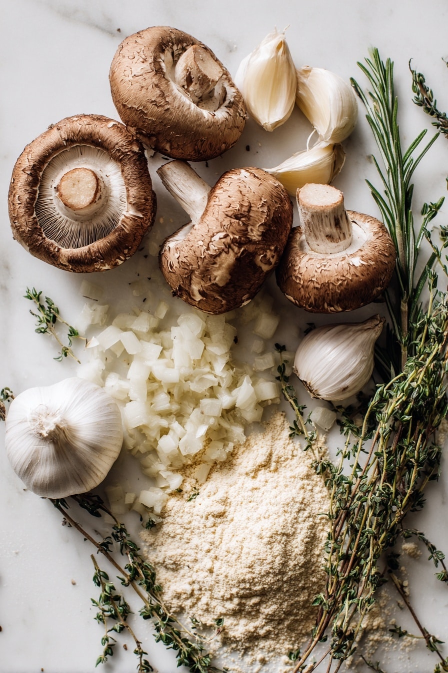 Creamy Mushroom Gravy, Mushroom Gravy, Vegetarian Mushroom Sauce, Easy Mushroom Gravy, Comfort Food Sauces - Flat lay of fresh cremini mushrooms with their rich brown caps and white stems, a small pile of finely chopped shallots with a pale purple hue, two whole garlic cloves showcasing their smooth white skins, sprigs of fresh thyme with tiny green leaves, fresh rosemary branches with needle-like dark green leaves, and a small mound of golden all-purpose flour, all naturally arranged in a loose, artistic pattern with soft shadows and natural textures, placed on white marbled surface, photo taken with an iphone --ar 2:3 --v 7