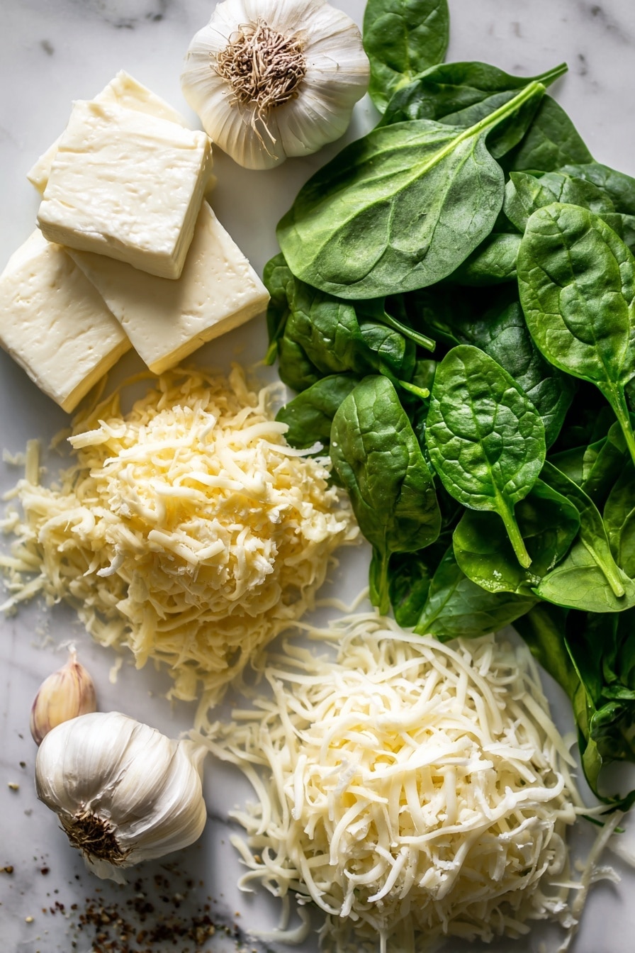 Baked Spinach Dip, creamy spinach dip, cheesy spinach appetizer, hot spinach cheese dip, easy party spinach dip - Flat lay of fresh bright green spinach leaves with delicate veins, creamy white blocks of cream cheese with smooth texture, whole garlic cloves showing their off-white papery skins, a small pile of grated pale yellow parmesan cheese with fine, flaky texture, shredded asiago cheese strands in soft golden hues, a neat mound of shredded white mozzarella cheese, fresh sprigs of bright green herbs, and scattered specks of dried onion powder, all beautifully arranged to create a fresh and inviting contrast, placed on white marbled surface, photo taken with an iphone --ar 2:3 --v 7