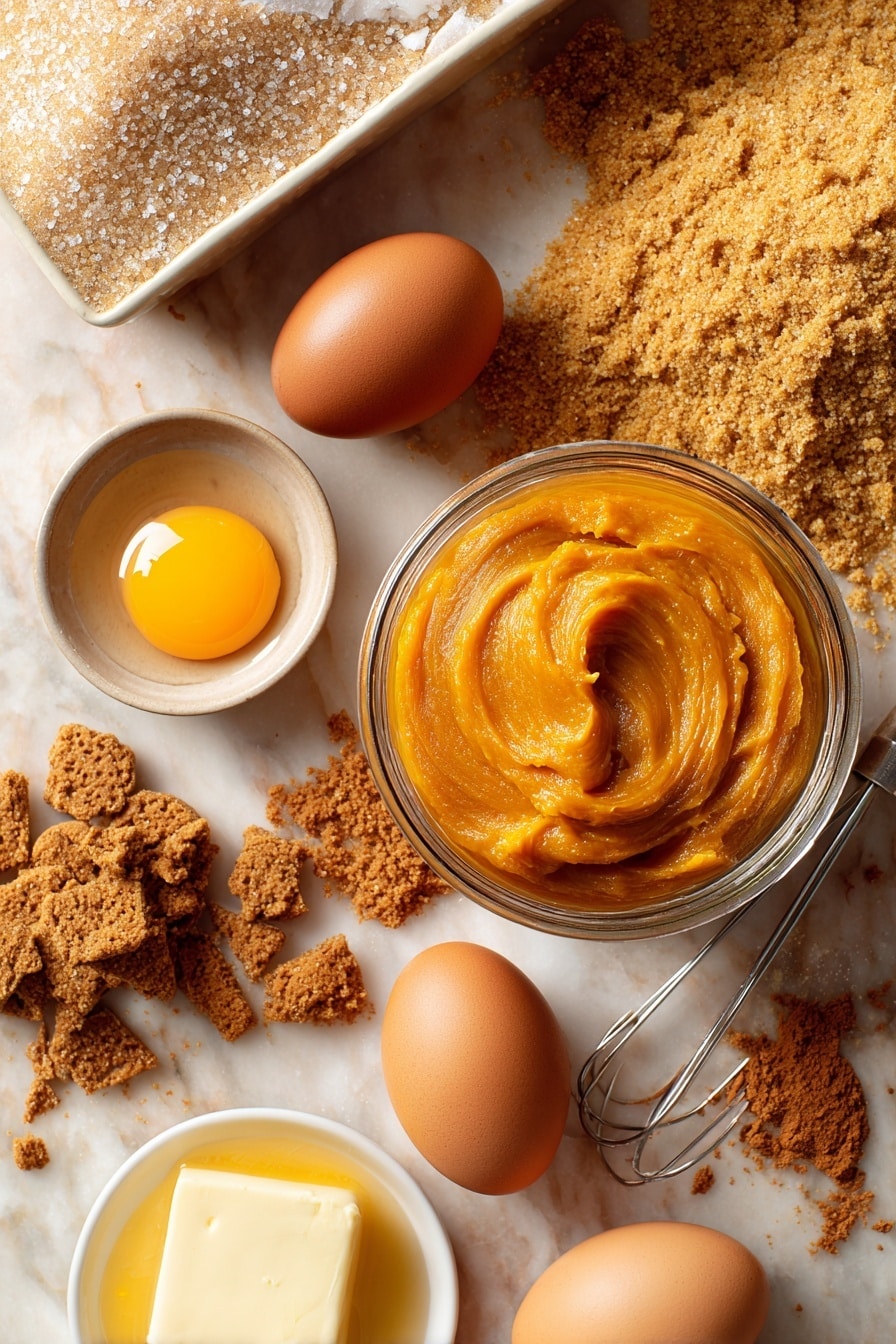 Pumpkin Dump Cake, easy pumpkin dessert, fall dessert recipes, quick dump cake, cozy pumpkin cake - Flat lay of bright orange pumpkin puree in a glass jar, smooth and vibrant; golden yellow cake mix spilling gently from an open box; glossy light brown sugar crystals heaped in a small pile; three fresh brown eggs with smooth shells; warm golden melted butter in a small dish; rough-textured coarsely crushed graham crackers scattered naturally; rich amber toffee bits glistening softly; and aromatic pumpkin pie spice with a warm brown color sprinkled delicately nearby, all arranged organically with varying textures and colors that complement each other, placed on white marbled surface, photo taken with an iphone --ar 2:3 --v 7