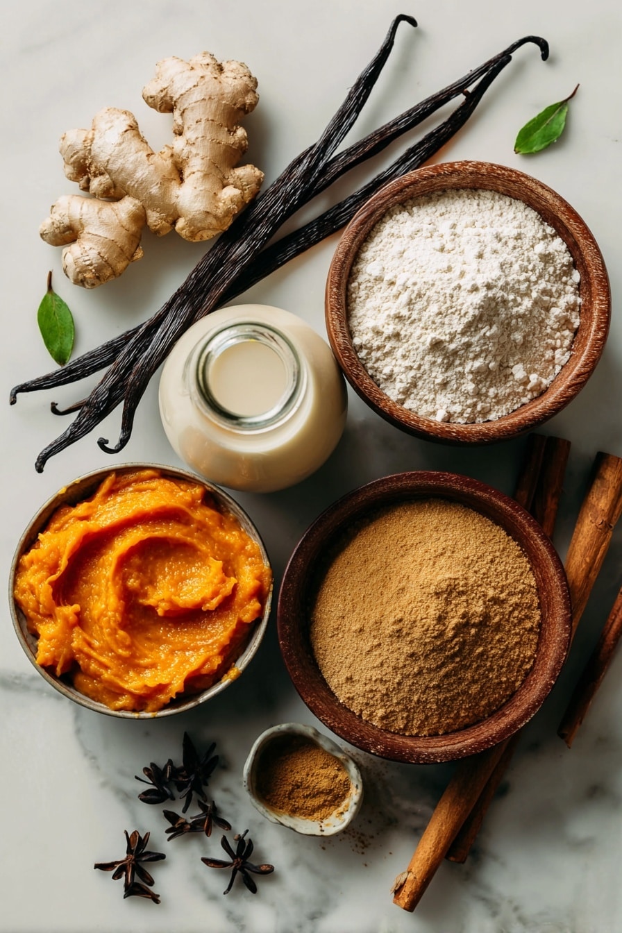 Vegan Pumpkin Pancakes, Pumpkin Pancakes Vegan, Plant-Based Pumpkin Breakfast, Fall Pumpkin Pancakes, Vegan Fluffy Pancakes - Flat lay of vibrant orange pumpkin puree in a small bowl, a glass jug of creamy soy milk, a smooth wooden bowl of all-purpose flour with soft white texture, warm brown cinnamon sticks and a small heap of golden ground cinnamon powder, fresh ginger root with its knobby, beige skin, a scattering of pale maple syrup glistening in a tiny dish, glossy dark brown nutmeg whole pods, and light green vanilla bean pods arranged naturally with a few cinnamon sticks crossing over each other, placed on white marbled surface, photo taken with an iphone --ar 2:3 --v 7