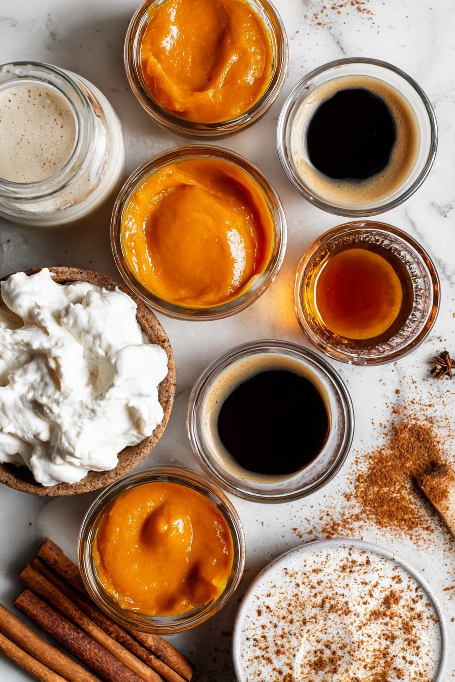 Vegan Pumpkin Spice Latte, dairy-free pumpkin spice coffee, plant-based pumpkin spice beverage, homemade vegan pumpkin latte, autumn vegan coffee drinks - Flat lay of smooth, bright orange pumpkin puree dollops, rich amber maple syrup in glistening small pools, warm brown cinnamon sticks, ground cinnamon and specks of nutmeg and ginger powder sprinkled softly, creamy white oat milk gently poured in a clear small jar, dark roasted espresso shots in tiny glass vessels, and a fluffy swirl of white dairy-free whipped cream with a light dusting of pumpkin pie spice, all naturally arranged with a cozy autumn feel, placed on white marbled surface, photo taken with an iphone --ar 2:3 --v 7