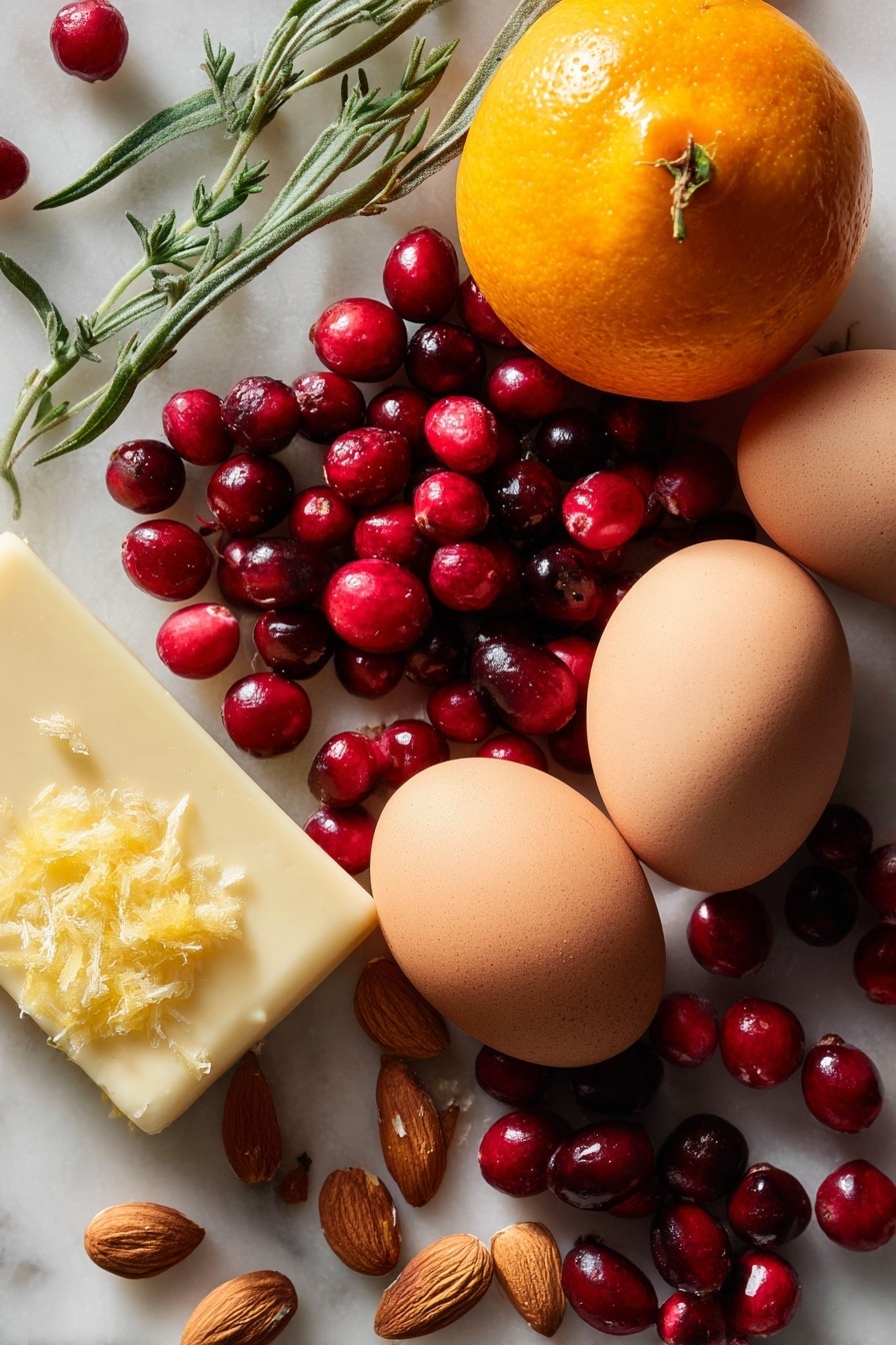 Cranberry Christmas Cake, holiday cranberry cake, festive cake with cranberries, holiday dessert recipes, easy Christmas cake - Flat lay of bright red fresh cranberries with their glossy, plump skins, a whole vibrant orange with a section of finely grated orange zest showing its bright, textured peel, smooth pale yellow unsalted butter block softly lit to reveal its creamy texture, three large glossy brown eggs with smooth shells, and small sprigs of green fresh vanilla bean pods alongside scattered light brown almond nuts, all naturally arranged with gentle overlaps and soft shadows, placed on white marbled surface, photo taken with an iphone --ar 2:3 --v 7