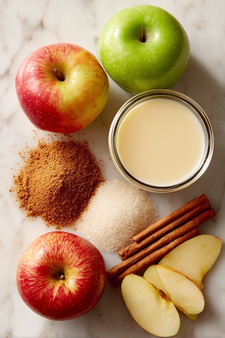 Crispy Apple Fritters with Sweet Vanilla Glaze, apple fritters, homemade apple fritters, cinnamon apple fritters, easy apple fritter recipe - Flat lay of two whole crisp apples—one Granny Smith with bright green skin and one Honeycrisp showing a blend of red and yellow hues—next to a small mound of ground cinnamon with its warm reddish-brown color, a glass container of smooth pale yellow unsweetened applesauce, a small pile of fine granulated white sugar crystals, and a cup of creamy off-white soy milk. The ingredients are naturally spaced with a few apple slices fanned out to show their juicy texture alongside a scattering of cinnamon sticks with rough bark texture. All placed on white marbled surface, photo taken with an iphone --ar 2:3 --v 7