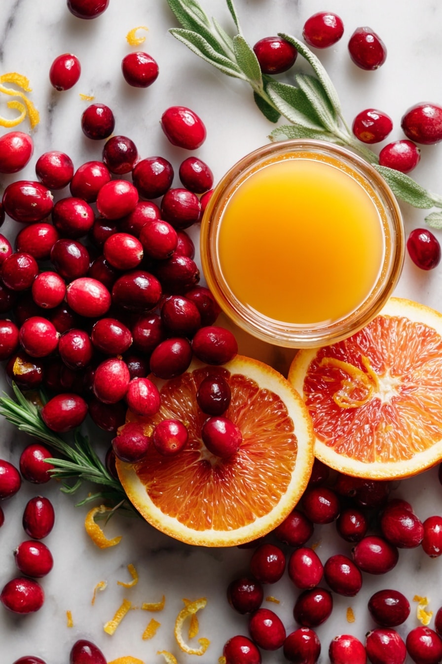 Easy Cranberry Sauce with Orange Juice, Cranberry Sauce Recipe, Holiday Cranberry Sauce, Fresh Cranberry Sauce, Orange Cranberry Sauce - Flat lay of fresh, plump red cranberries with their glossy skin, vibrant orange slices showing juicy segments and bright orange zest curls, a small glass container of golden-orange juice catching the light, and a few sprigs of fresh green herbs for contrast, all arranged naturally with scattered cranberries and zest flakes adding texture, placed on white marbled surface, photo taken with an iphone --ar 2:3 --v 7