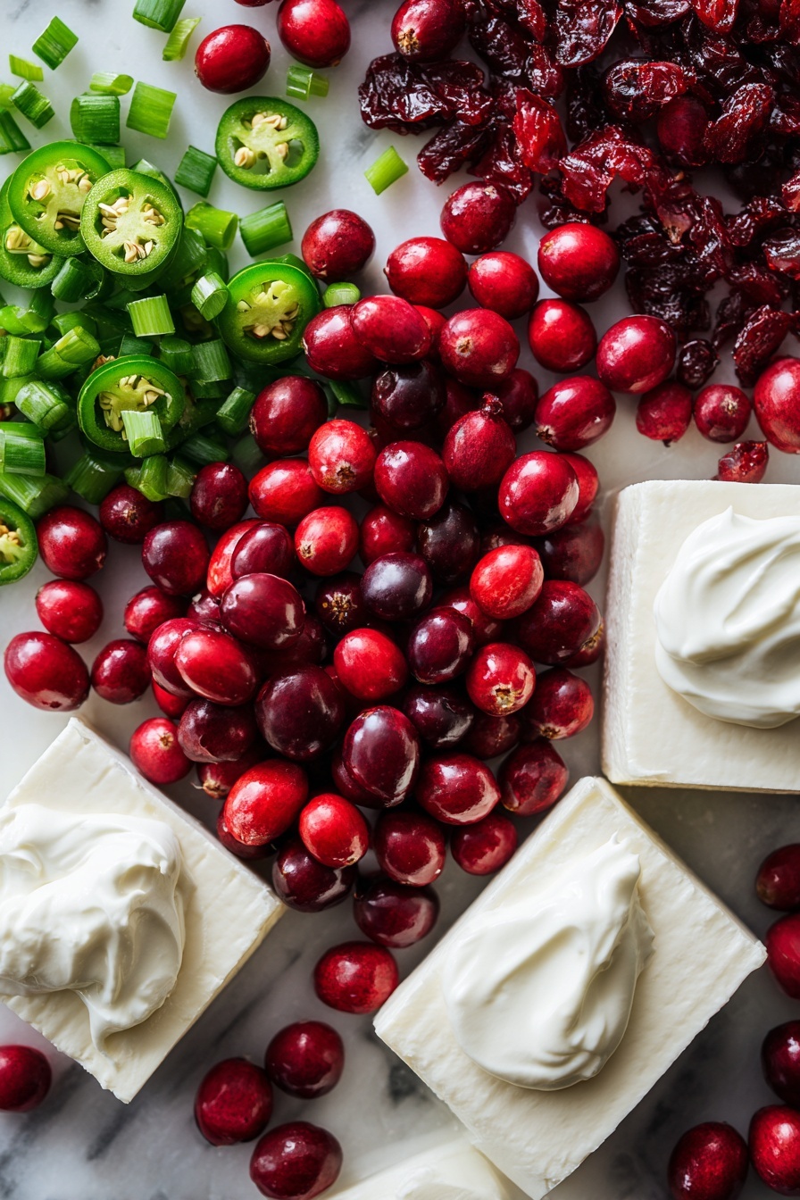 Cranberry Jalapeno Dip, Cranberry Jalapeno Dip flavor, vegan Cranberry Jalapeno Dip, easy Cranberry Jalapeno Dip, festive Cranberry Jalapeno Dip - Flat lay of bright red fresh cranberries and deep red dried cranberries scattered naturally beside vibrant green chopped green onions and sliced bright green jalapeno peppers with smooth white vegan cream cheese blocks and dollops of creamy white vegan yogurt, all showing contrasting textures and rich colors, placed on white marbled surface, photo taken with an iphone --ar 2:3 --v 7