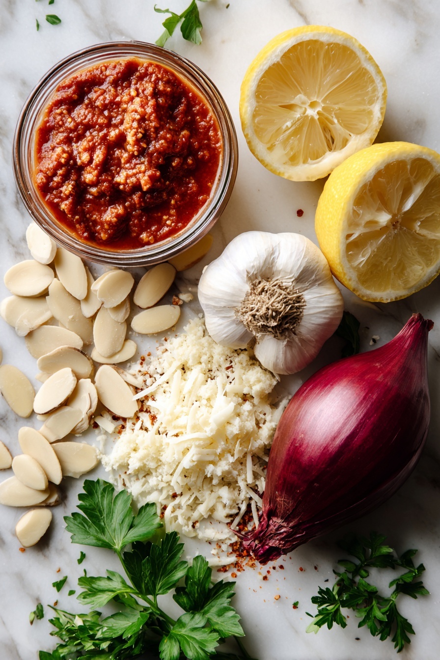 Vegan Lasagna Rolls, vegan lasagna, plant-based lasagna, dairy-free lasagna, vegan Italian dinner - Flat lay of raw slivered almonds with their smooth, pale beige texture, a bright fresh lemon cut in half showing its juicy yellow interior, a plump medium sweet onion with shiny purple-red skin, cloves of fresh garlic with their papery white skins slightly peeled, vibrant red marinara sauce in a small natural mound, rich brown vegan ground beef crumbles with a crumbly texture, a handful of shredded vegan mozzarella cheese in soft white strands, finely chopped fresh green parsley leaves scattered gently, all placed on white marbled surface, photo taken with an iphone --ar 2:3 --v 7