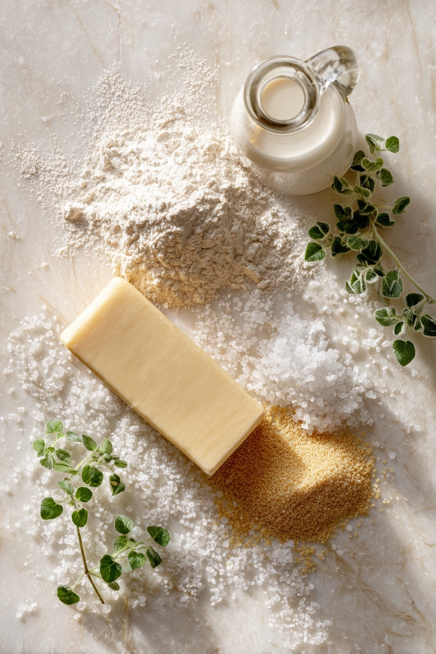 Vegan Dinner Rolls, vegan bread recipes, fluffy vegan rolls, dairy-free dinner rolls, plant-based bread - Flat lay of a small pile of smooth white all-purpose flour, a golden block of soft vegan butter with a slightly creamy texture, a small mound of light tan instant rapid rise yeast granules, a clear glass bottle of unsweetened creamy soy milk pouring gently, a scattering of sparkling white granulated sugar crystals, and a few fresh sprigs of green herbs for contrast, all naturally arranged with gentle shadows and soft light, placed on white marbled surface, photo taken with an iphone --ar 2:3 --v 7