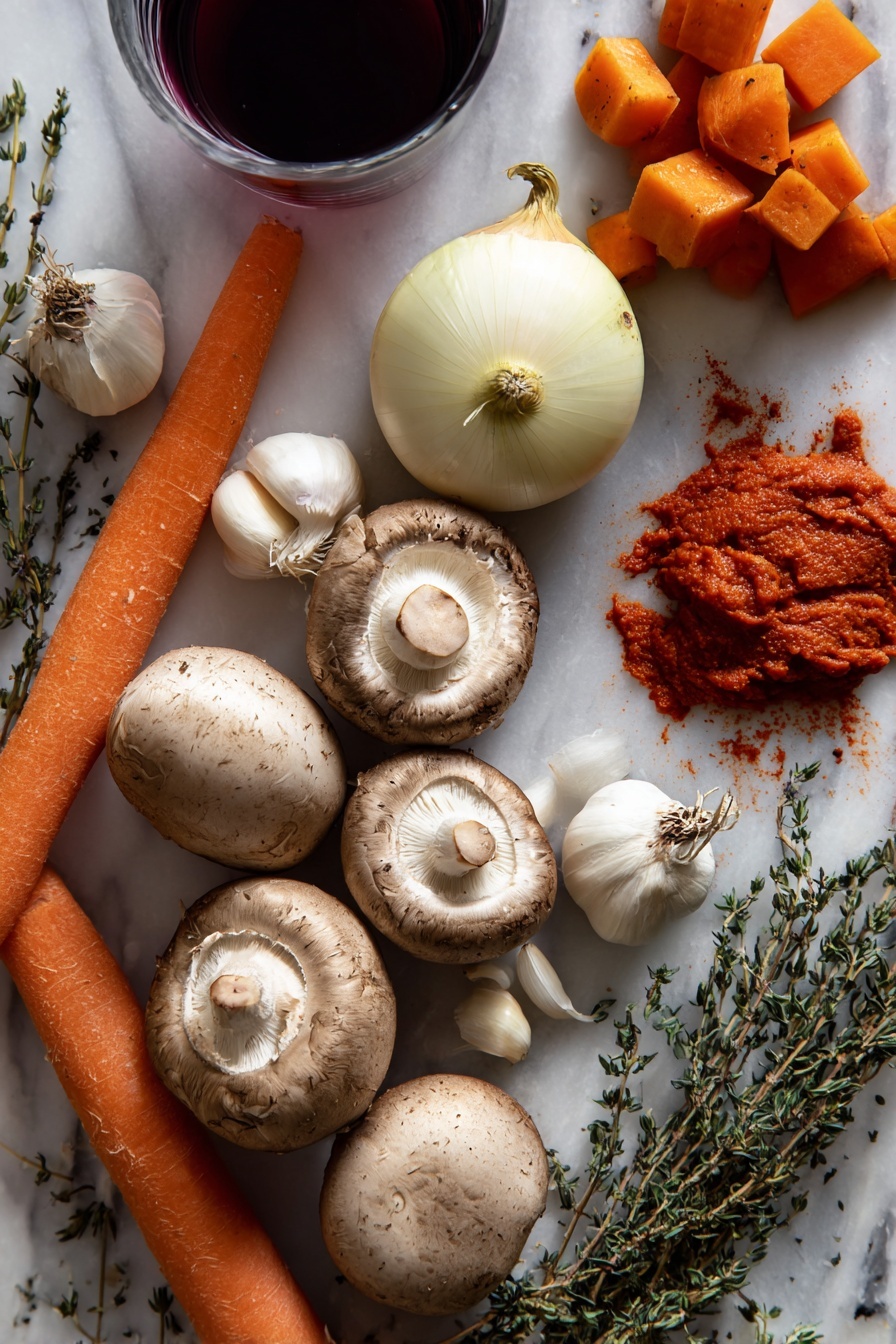 Mushroom Bourguignon, French mushroom stew, vegan mushroom stew, plant-based French dishes, mushroom stew recipe - Flat lay of fresh cremini mushrooms with their smooth brown caps and creamy white stems, large peeled and chunky bright orange carrots, a whole sweet onion with its shiny pale yellow skin, several cloves of garlic with papery white skins, a small bunch of dried thyme and oregano sprigs with muted green leaves, a rich deep red splash of Pinot Noir wine in a glass container, and a dollop of thick, vibrant red tomato paste in a small heap, all naturally arranged with slight overlaps and varied angles to show texture and color contrast, placed on white marbled surface, photo taken with an iphone --ar 2:3 --v 7