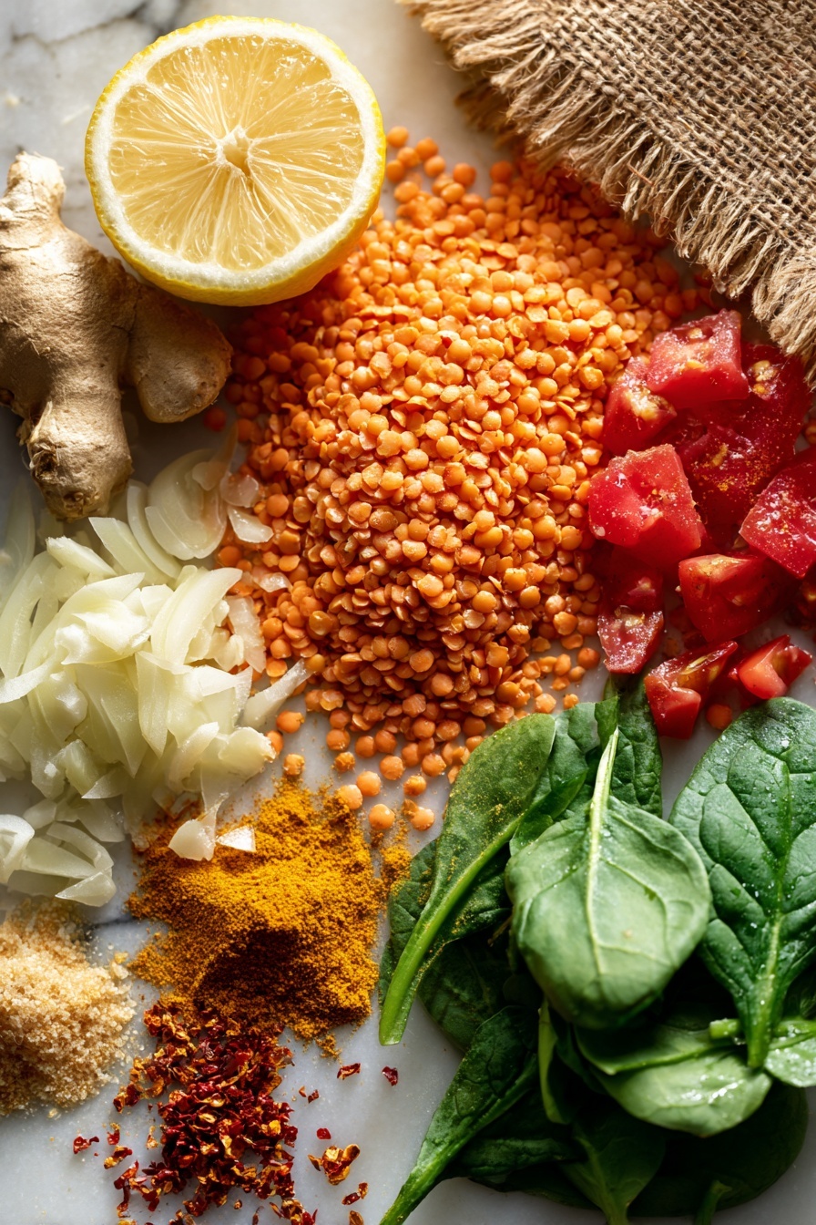 Quick & Easy Red Lentil Dahl, red lentil dahl recipe, fast vegetarian dinner, healthy lentil stew, simple vegan comfort food - Flat lay of bright orange dried red lentils spilling slightly from a rustic burlap, a cluster of fresh, vibrant green baby spinach leaves with delicate veins, a halved lemon showing its juicy, pale yellow interior, plump red diced tomatoes glistening with natural moisture, a whole yellow onion with papery skin alongside finely chopped onion pieces, fresh garlic cloves with smooth white skins and some peeled, thin strips of pale beige fresh ginger root with its rough texture, scattered warm brown garam masala powder and vivid golden turmeric powder forming soft piles, and small red chili flakes adding a pop of color, all beautifully arranged with natural spacing and slight overlaps, placed on white marbled surface, photo taken with an iphone --ar 2:3 --v 7