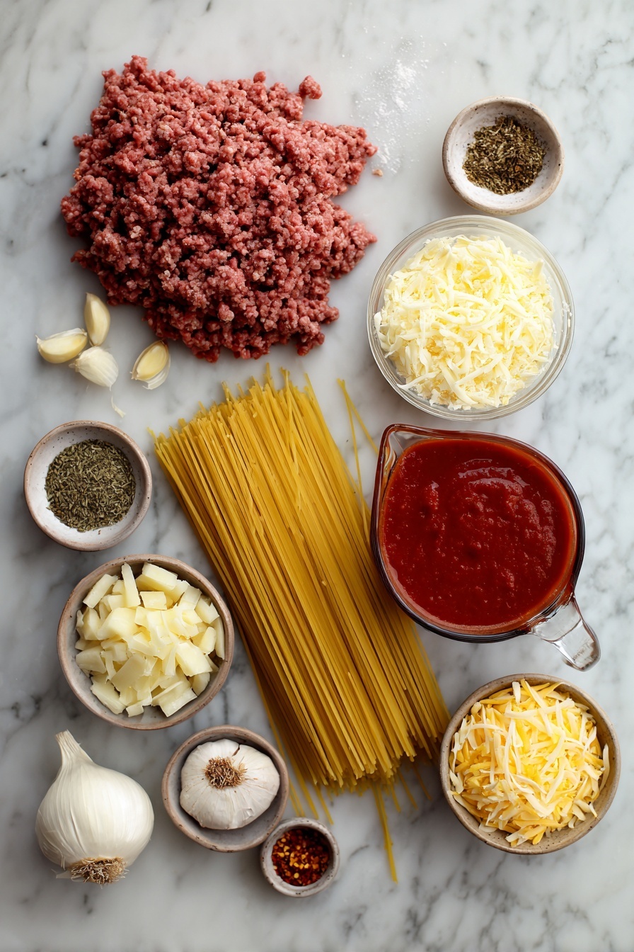 Easy Baked Spaghetti with Ground Beef and Four Cheese Blend, cheesy baked spaghetti recipe, easy ground beef casserole, family-friendly baked pasta, hearty cheese baked pasta - Flat lay of a large bundle of uncooked spaghetti, a mound of lean ground beef, half a small chopped onion, four garlic cloves, a small bowl of dried oregano, a small dish with red pepper flakes, a generous pitcher of marinara sauce, a small bowl each of shredded mozzarella and shredded cheddar cheeses, and a small pile of freshly grated parmesan cheese, all placed on a white marble surface, photo taken with an iphone --ar 2:3 --v 7