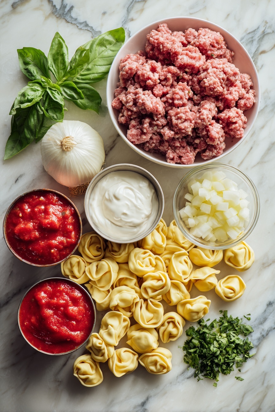 Sausage Tortellini Soup, sausage tortellini soup, creamy sausage tortellini, comforting soup recipes, easy sausage soup - Flat lay of fresh ground pork sausage piled loosely, a medium yellow onion diced into small cubes, several cloves of minced garlic, two cans of bright red fire roasted diced tomatoes spilled partially from their cans, plump cheese tortellini arranged in a neat cluster, a dollop of creamy sour cream, and vibrant green chopped fresh basil leaves scattered artfully, all placed on a white marble surface, photo taken with an iphone --ar 2:3 --v 7