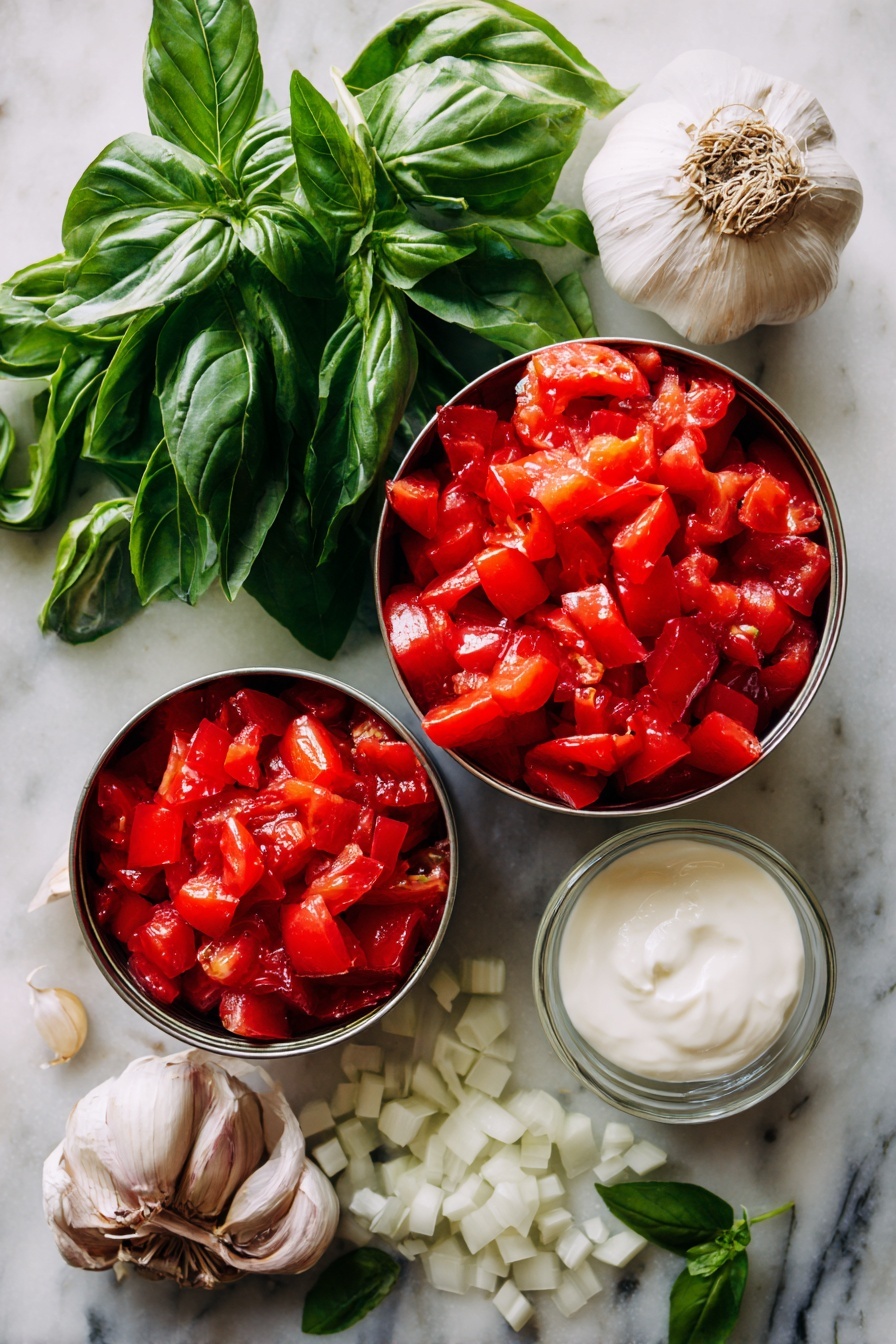 Tomato Basil Soup, easy tomato basil soup, creamy tomato soup, quick tomato basil recipe, comforting soup - Flat lay of bright red fire roasted diced tomatoes in their cans, fresh large green basil leaves, a medium diced white onion, several peeled garlic cloves, and a small glass bowl of creamy heavy cream, all beautifully arranged with a few scattered basil leaves and garlic cloves for texture, placed on a white marble surface, photo taken with an iphone --ar 2:3 --v 7