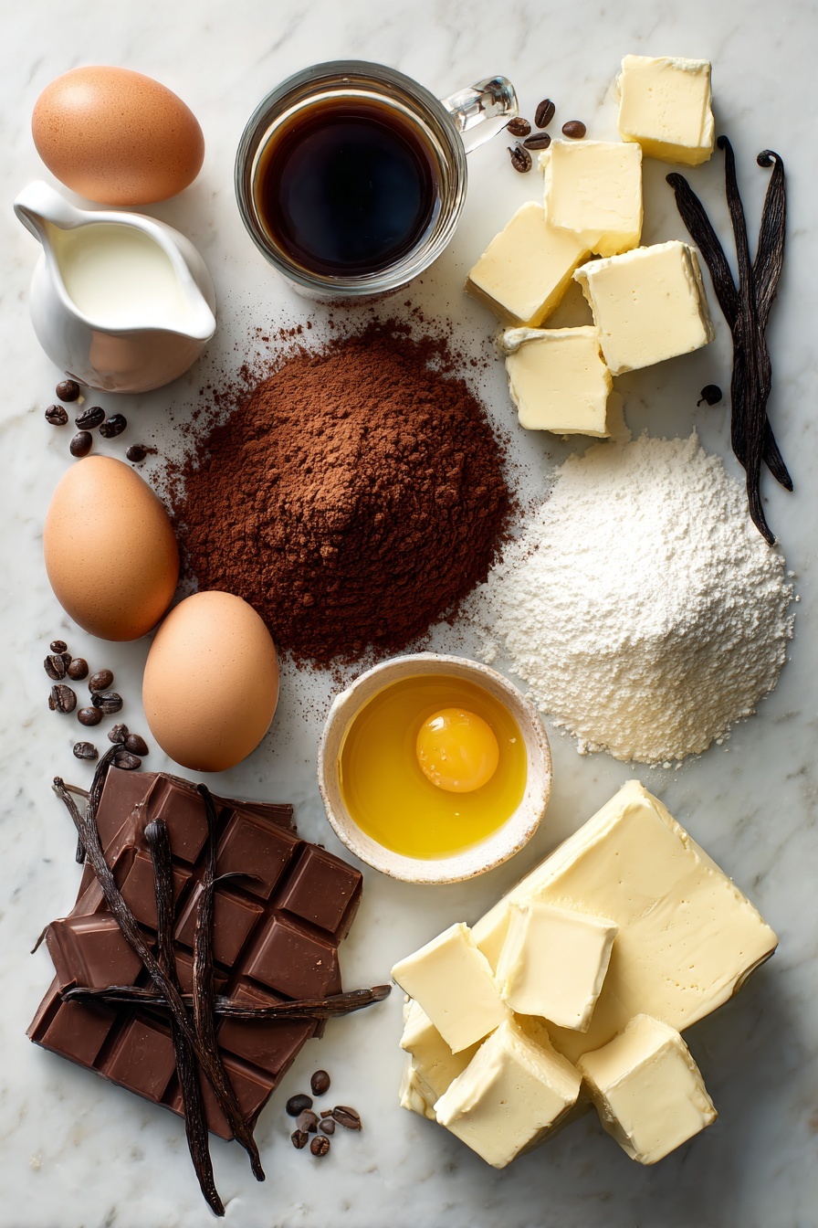 The Most Amazing Chocolate Cake, chocolate cake recipe, moist chocolate cake, rich chocolate cake, homemade chocolate cake - Flat lay of rich unsweetened cocoa powder heaps, smooth golden vegetable oil in a small pool, fresh large brown eggs, creamy white buttermilk in a small jug, dark brewed coffee in a glass cup, vanilla bean pods with scattered vanilla seeds, soft cubes of pale yellow butter, blocks of white cream cheese, and a mound of fine powdered sugar, all beautifully arranged on a white marble surface, photo taken with an iphone --ar 2:3 --v 7