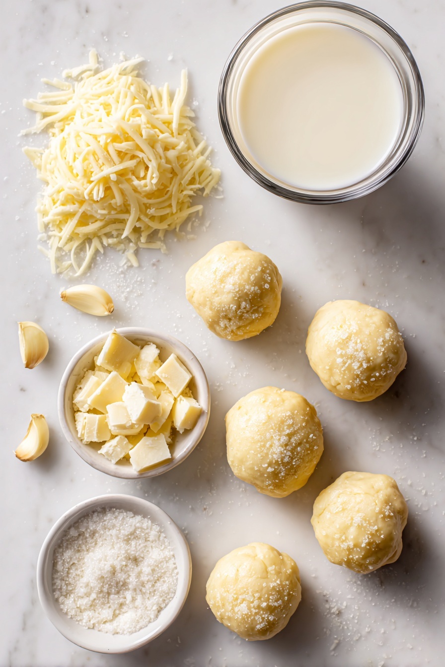 Cheesy Garlic Butter Pull Apart Rolls, cheesy garlic bread, pull apart bread, soft cheesy rolls, garlic butter bread - Flat lay of soft dough balls with a smooth texture, shredded mozzarella cheese piled in small heaps, melted golden salted butter glistening, minced fresh garlic cloves, grated Parmesan cheese in a small mound, granulated sugar crystals sparkling subtly, and a cup of warm whole milk in a glass, all beautifully arranged on a white marble surface, photo taken with an iphone --ar 2:3 --v 7