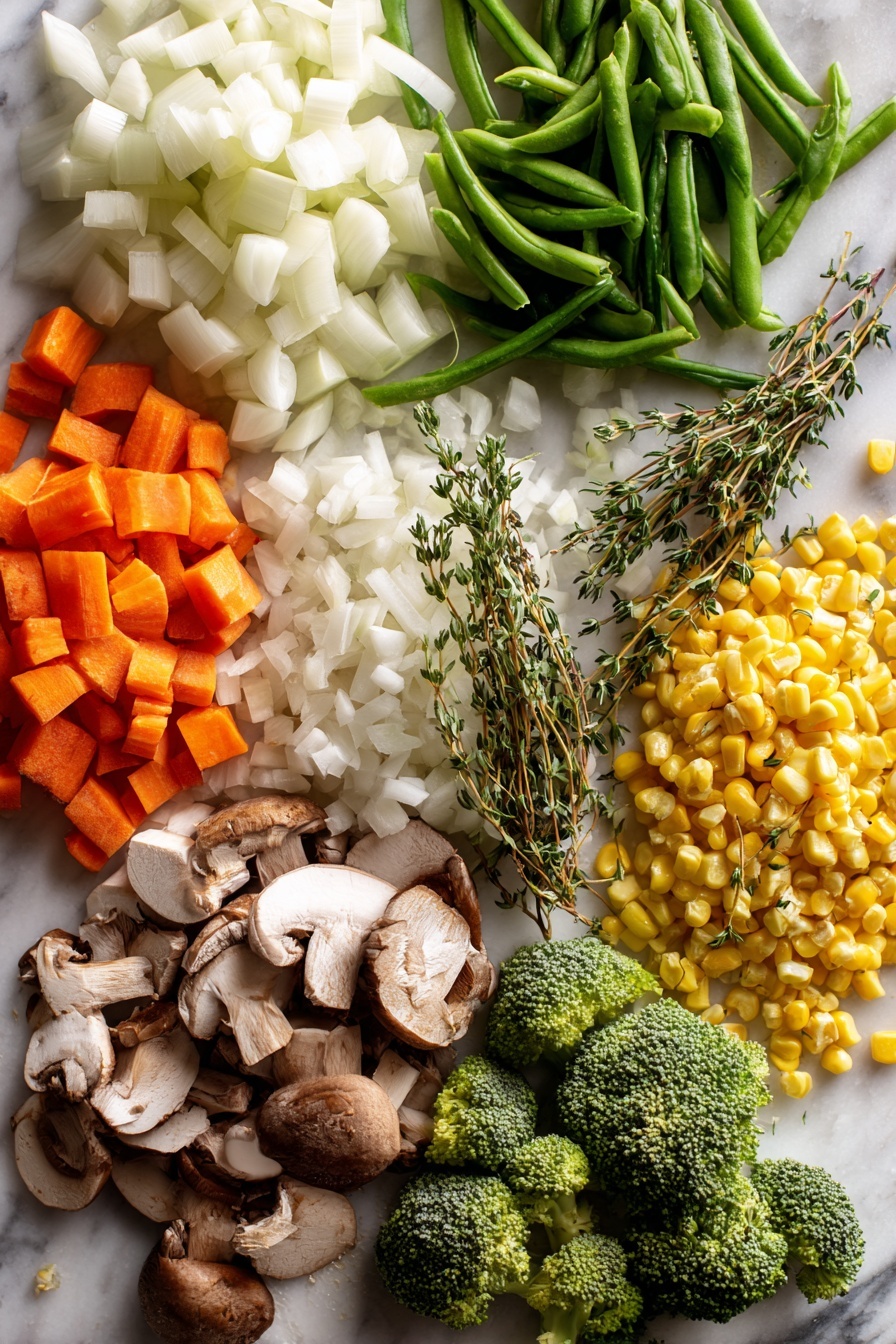 Creamy Vegetable Soup, Vegetable Soup Recipe, Healthy Vegetable Soup, Easy Creamy Soup, Cozy Vegetarian Soup - Flat lay of diced white onion, sliced celery ribs, whole bright orange carrots, minced garlic cloves, fresh green beans, sliced brown mushrooms, vibrant green broccoli florets, and golden yellow corn kernels, all beautifully arranged with sprigs of dried thyme and oregano scattered artfully, placed on a white marble surface, photo taken with an iphone --ar 2:3 --v 7