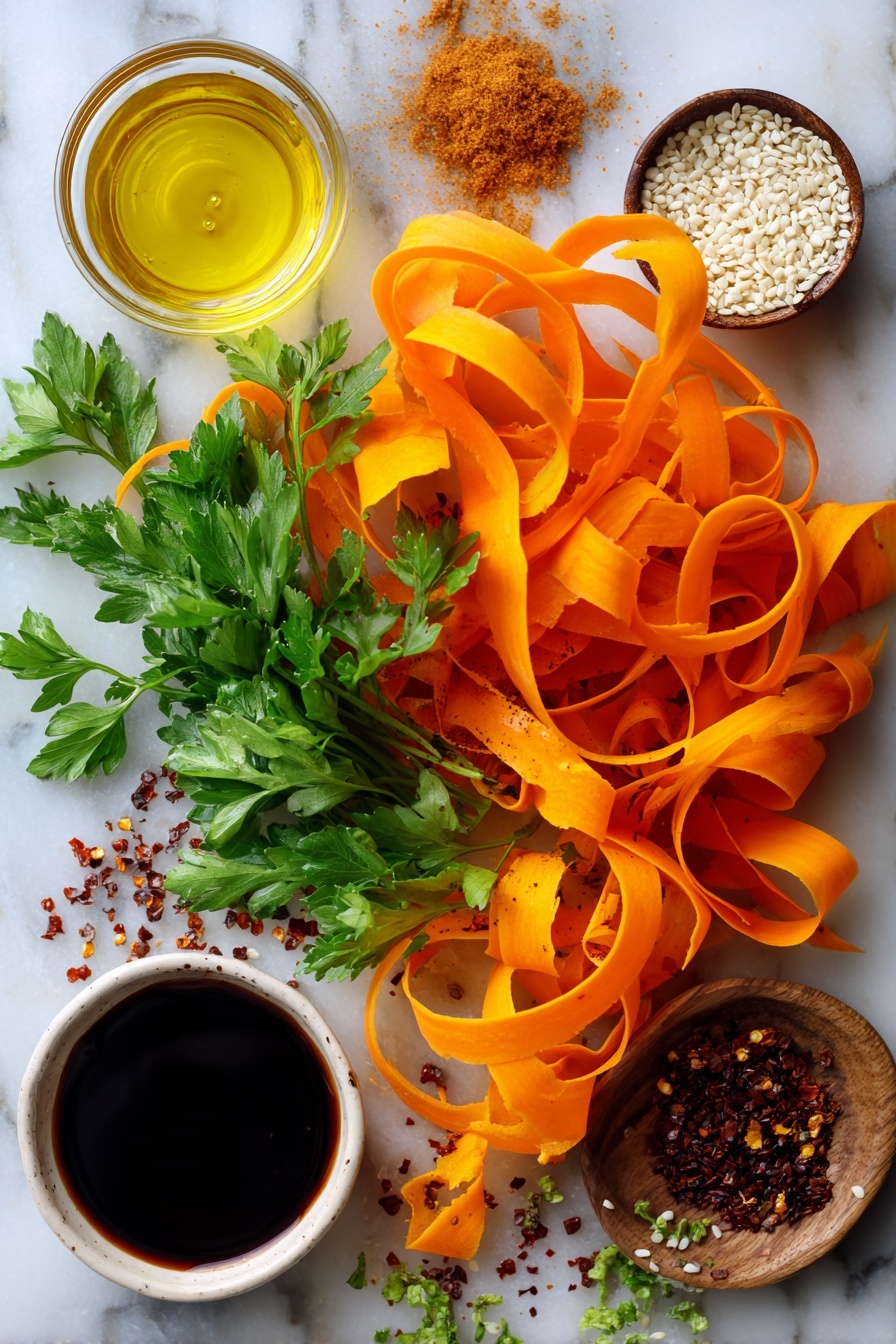 Raw Carrot Salad with Parsley and Balsamic-Vinegar Dressing, healthy carrot salad, fresh vegetable salad, quick vegan salad, easy summer side dish - Flat lay of thinly sliced bright orange carrot ribbons, fresh green parsley leaves roughly chopped, small piles of light brown maple syrup, glossy dark balsamic vinegar droplets, smooth golden apple cider vinegar, scattered white sesame seeds, and a few deep red crushed pepper flakes, all beautifully arranged on a white marble surface, photo taken with an iphone --ar 2:3 --v 7