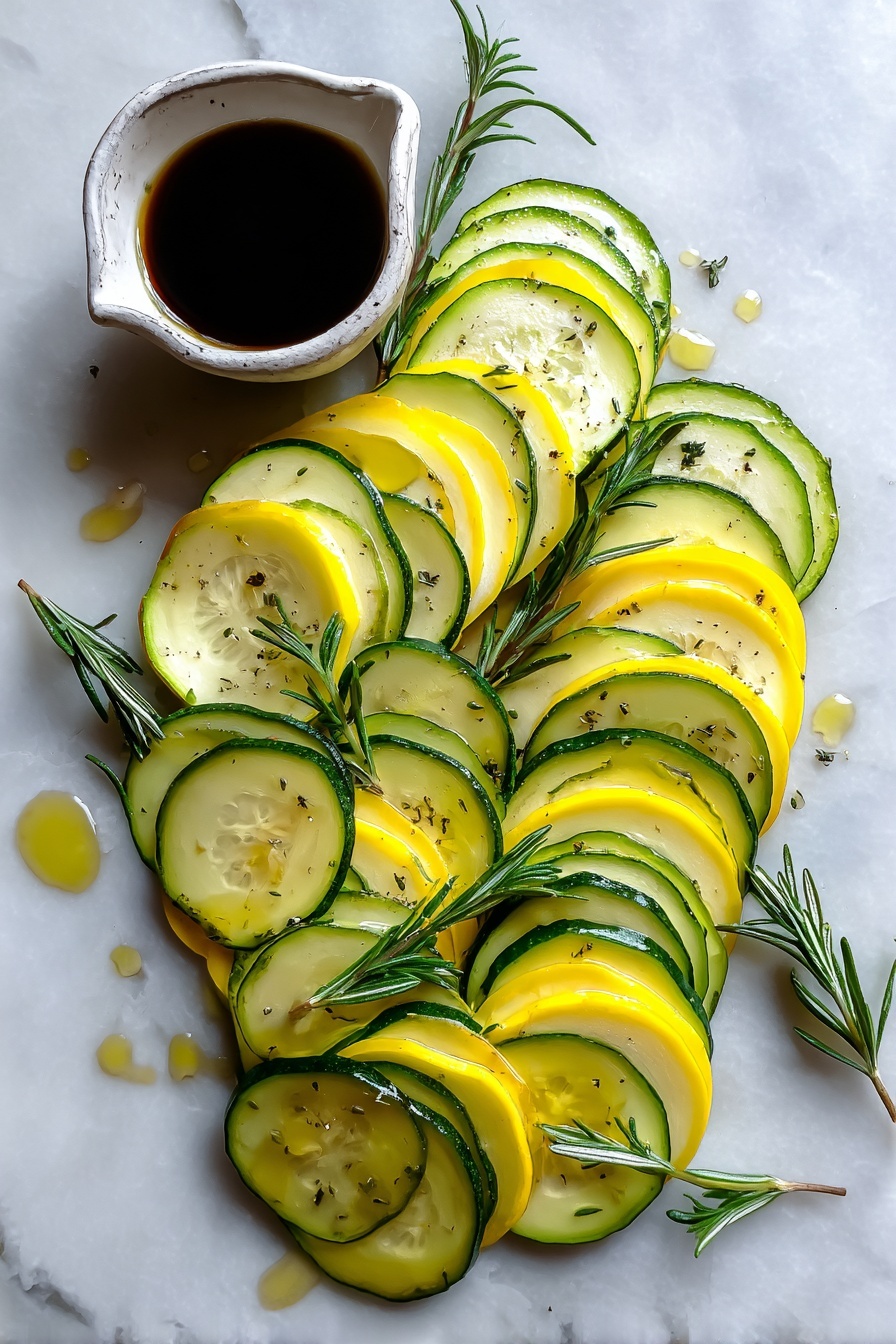 Zucchini and Yellow Squash Tart with Balsamic Drizzle, summer vegetable tart, zucchini squash tart recipes, easy veggie tart, flavorful summer tart - Flat lay of thinly sliced green zucchini and bright yellow squash arranged in neat overlapping rows, fresh sprigs of crushed rosemary scattered delicately, a small pool of glossy balsamic vinegar reflecting light, a drizzle of golden olive oil glistening on the vegetables, all placed on a white marble surface, photo taken with an iphone --ar 2:3 --v 7