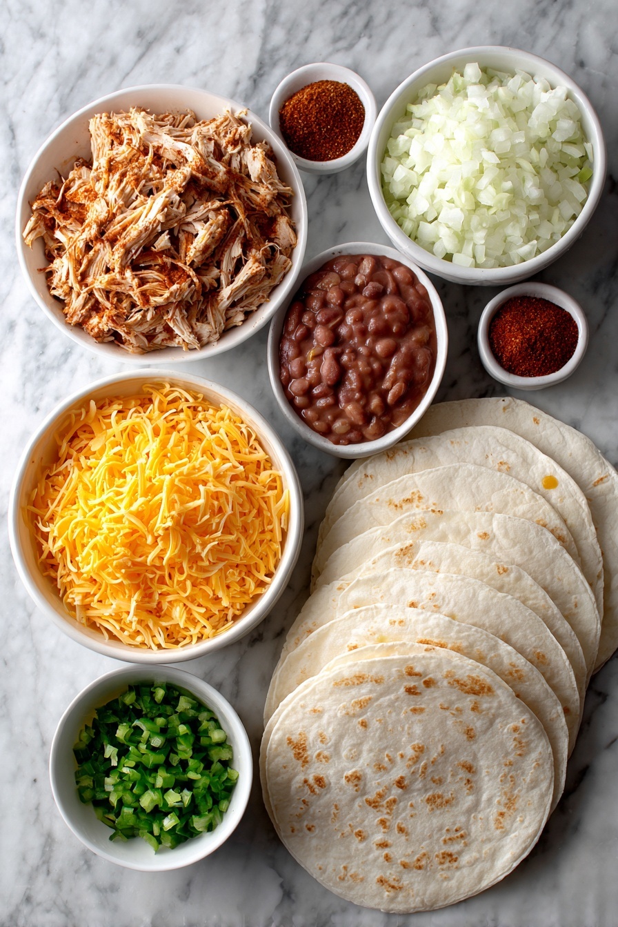 Air Fryer Chimichangas, crispy chimichangas, Mexican fried burritos, air fryer recipes, easy chimichangas - Flat lay of shredded cooked chicken, finely chopped white onion, diced green chiles, ground cumin and chili powder in small piles, refried beans dolloped with a smooth texture, shredded cheddar cheese mounded with vibrant orange color, and large soft flour tortillas gently folded, all beautifully arranged on a white marble surface, photo taken with an iphone --ar 2:3 --v 7