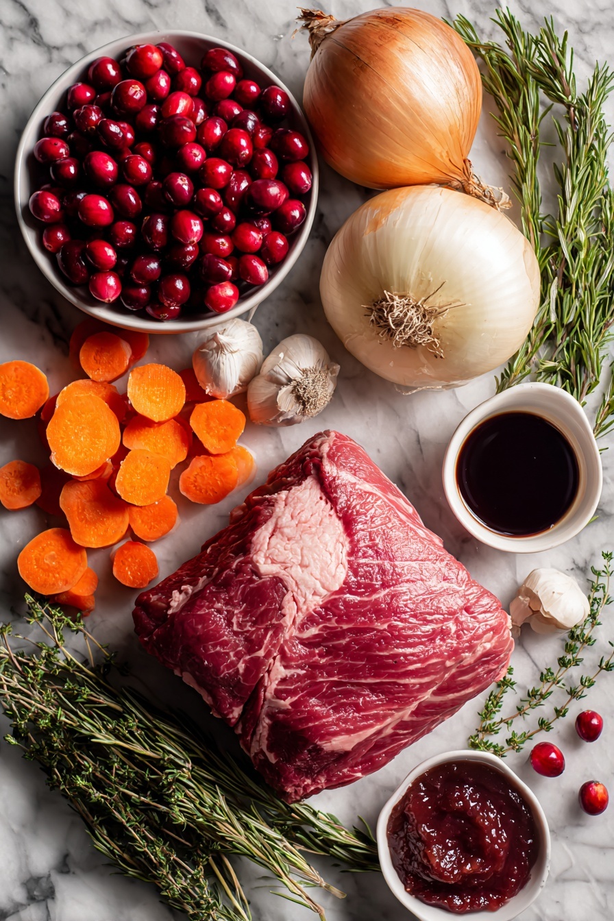 Cranberry Balsamic Roast Beef, roast beef with cranberries and balsamic, tender roast beef recipe, holiday roast beef ideas, flavorful beef dinner - Flat lay of a fresh beef roast, bright orange peeled and sliced carrots, a handful of vibrant red cranberries, a bulb of garlic with several cloves separated, a large sliced onion, sprigs of fresh thyme and rosemary, a small bowl of deep red tomato paste, and a small dish of balsamic vinegar, all beautifully arranged with natural light and shadows, placed on a white marble surface, photo taken with an iphone --ar 2:3 --v 7