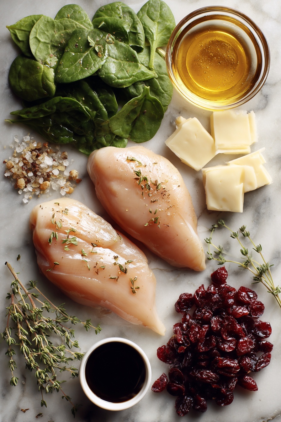 Cranberry & Spinach Stuffed Chicken Breasts with Brie, stuffed chicken breast recipes, elegant chicken dinner ideas, healthy stuffing chicken, creamy brie chicken recipes - Flat lay of fresh boneless skinless chicken breasts, vibrant chopped fresh spinach, plump dried cranberries, creamy slices of brie cheese, golden honey in a small pool, dark balsamic vinegar forming a glossy drop, a small heap of dried thyme, and a scattering of garlic powder, all beautifully arranged on a white marble surface, photo taken with an iphone --ar 2:3 --v 7