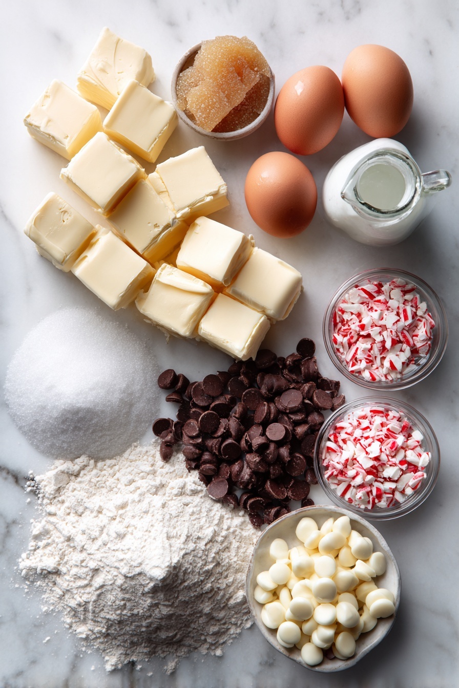 Winter Wonderland Chocolate Chip Cookies, festive holiday cookies, peppermint chocolate cookies, white chocolate chip cookies, holiday baking recipes - Flat lay of rich unsalted butter cubes, golden brown sugar crystals, smooth white granulated sugar, glossy large brown eggs, tiny glass bottle of vanilla extract, white all-purpose flour mound, dark semi-sweet chocolate chips, creamy white chocolate chips, and crushed red-and-white peppermint candies, all beautifully arranged in neat clusters placed on a white marble surface, photo taken with an iphone --ar 2:3 --v 7