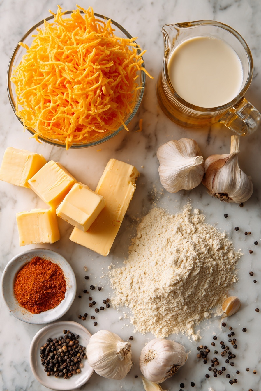 Vegan Beer Cheese, vegan cheese dip, dairy-free beer cheese, plant-based cheese sauce, vegan snack ideas - Flat lay of bright orange shredded vegan cheddar cheese, a golden pour of pale IPA beer in a clear glass, a small mound of smooth vegan butter blocks, a pile of light beige all-purpose flour, a few scattered garlic cloves, a sprinkle of vibrant red cayenne powder, a handful of unsweetened almond milk in a clear jug, and scattered black peppercorns, all beautifully arranged on a white marble surface, photo taken with an iphone --ar 2:3 --v 7