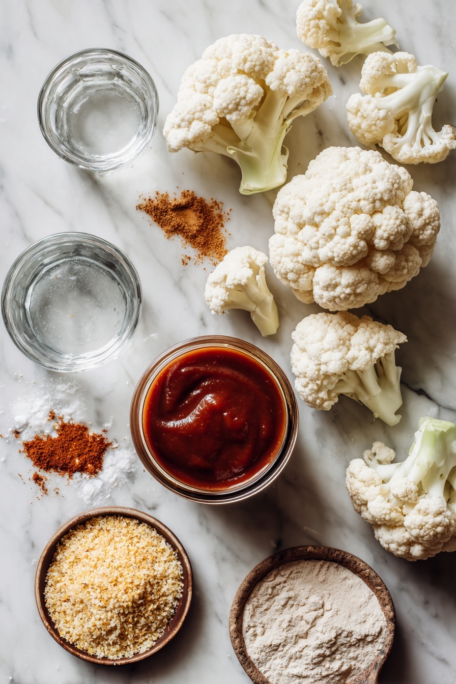 BBQ Cauliflower Wings, grilled cauliflower wings, vegan BBQ appetizer, healthy cauliflower snack, crispy cauliflower bites - Flat lay of fresh cauliflower florets with some stems attached, a small heap of golden panko breadcrumbs, a glass jar filled with rich reddish-brown barbecue sauce, a small pile of all-purpose flour dusted lightly, scattered garlic powder and onion powder spices, and a clear glass of water, all beautifully arranged on a white marble surface, photo taken with an iphone --ar 2:3 --v 7