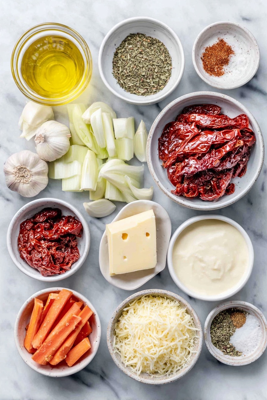 Roasted Red Pepper Gouda Soup, smoky red pepper soup, creamy Gouda soup, easy roasted red pepper soup, comforting Gouda soup - Flat lay of a small white bowl of golden olive oil, a small white bowl of creamy butter, a small white bowl of bright red roasted peppers, a small white bowl of deep red sundried tomatoes, a small white bowl of smooth heavy cream, a small white bowl of freshly shredded smoked gouda cheese, a small white bowl of vegetable stock with a pale golden hue, one small white onion roughly chopped, three fresh orange carrots roughly chopped, two crisp green celery stalks roughly chopped, three cloves of garlic peeled and minced, a small white bowl of paprika powder, a small white bowl of mixed Italian seasoning herbs, a small white bowl of coarse salt, a small white bowl of freshly cracked black pepper, all ingredients arranged symmetrically in a balanced layout on a clean white marble surface, soft natural light, photo taken with an iPhone, professional food photography style, fresh ingredients, white ceramic bowls, no bottles, no duplicates, no utensils, no packaging --ar 2:3 --v 7 --p awthu7i m7354615311229779997