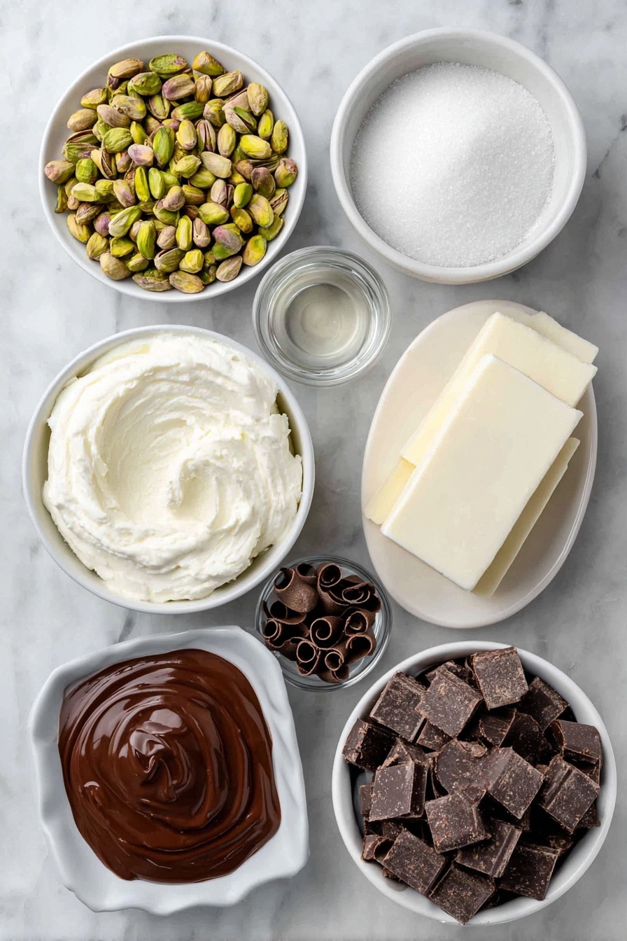 Pistachio Mousse with Chocolate Ganache, pistachio mousse dessert, chocolate ganache recipes, elegant pistachio dessert, easy mousse with chocolate - Flat lay of a small pile of shelled pistachios showing fresh green nuts, a neat mound of granulated sugar, a tiny white ceramic bowl with clear vanilla extract, a chilled white ceramic bowl filled with fluffy whipped heavy cream, a smooth oval of soft mascarpone cheese resting on a white ceramic plate, a neat pile of roughly chopped dark chocolate chunks, a small white ceramic bowl holding glossy dark chocolate ganache, a small white ceramic bowl with a cube of unsalted butter, a pinch of coarse sea salt flakes, delicate chocolate curls arranged artistically, and a few scattered whole raw pistachios as garnish—all perfectly arranged in balanced symmetry on a clean white marble surface, soft natural light, photo taken with an iPhone, professional food photography style, fresh ingredients, white ceramic bowls, no bottles, no duplicates, no utensils, no packaging --ar 2:3 --v 7 --p awthu7i m7354615311229779997