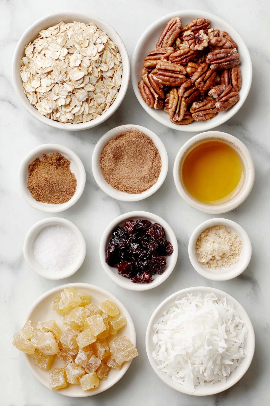Gingerbread Granola, gingerbread granola bars, cozy breakfast granola, seasonal homemade granola, spiced crunchy granola - Flat lay of old-fashioned rolled oats loosely spread in a small heap, a cluster of raw pecans and walnuts mixed together, a small white bowl of fine-grain sea salt, another small white bowl filled with ground cinnamon powder, a small white bowl containing ground ginger powder, a small white bowl with melted coconut oil shimmering softly, a small white bowl holding amber real maple syrup, a small white bowl with dark glossy molasses, a small white bowl of clear vanilla extract, a small white bowl heaped with large unsweetened white coconut flakes, scattered chopped dried cranberries with deep red tones, and chopped candied ginger pieces with light golden hues, all arranged with perfect symmetry on a clean white marble surface, soft natural light, photo taken with an iPhone, professional food photography style, fresh ingredients, white ceramic bowls, no bottles, no duplicates, no utensils, no packaging --ar 2:3 --v 7 --p awthu7i m7354615311229779997