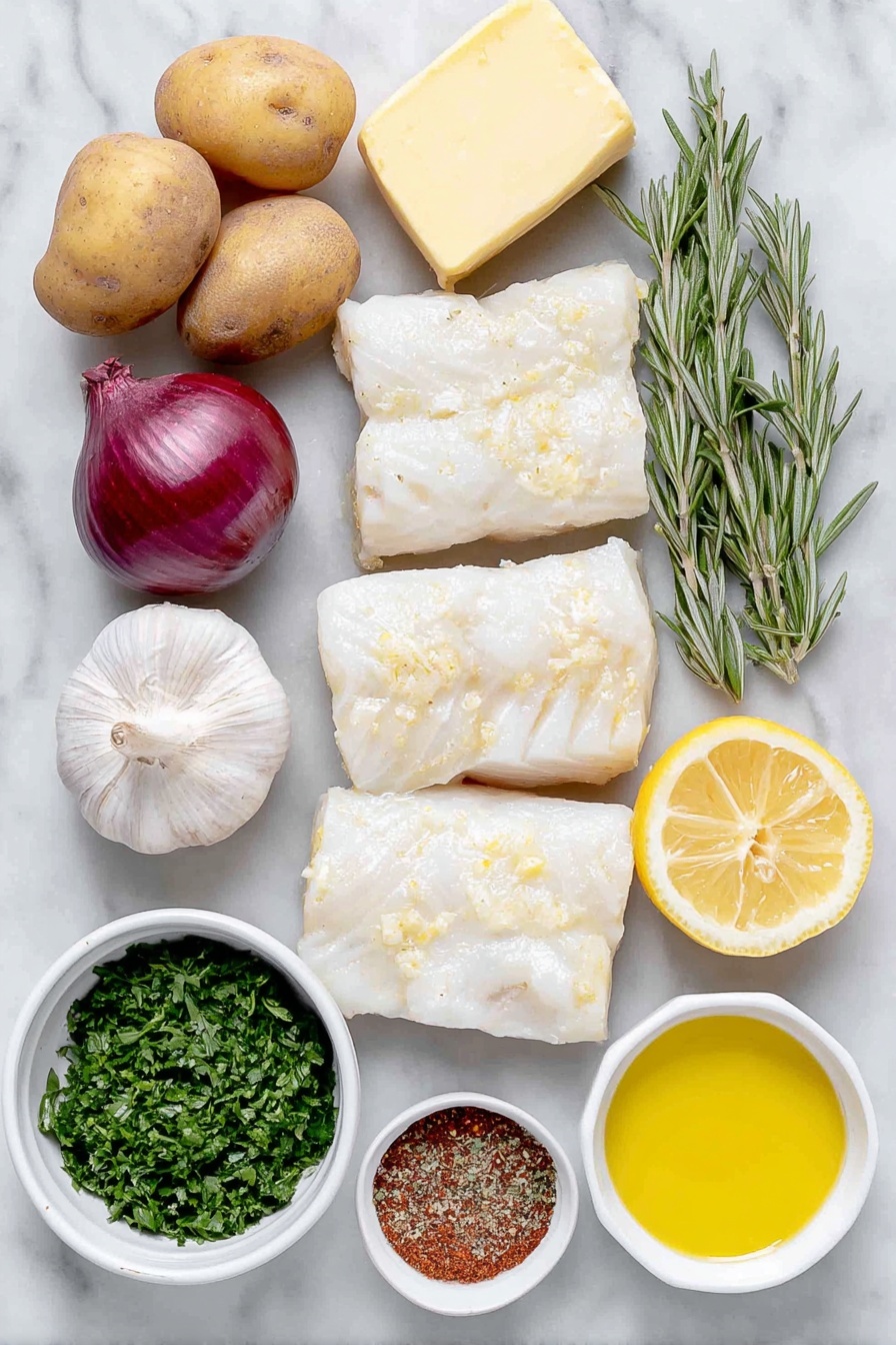 Cod & Potatoes in Rosemary Cream Sauce, rosemary fish and potato recipe, creamy cod and potato dinner, roasted Yukon gold fish dish, easy seafood with herb sauce - Flat lay of fresh Yukon gold potatoes cut into 1-inch pieces, a whole cod fillet divided into four portions with clean white flesh, three whole uncracked brown garlic cloves, one whole large shallot with smooth purple skin, two sprigs of fresh green rosemary, a whole bright yellow lemon with one half sliced, small white ceramic bowls containing extra-virgin olive oil, salted butter, heavy cream, light golden chicken stock, Dijon mustard, capers, and lemon juice, a small white bowl of fresh cracked black pepper and kosher salt, a small pile of vibrant minced flat leaf parsley, and a pinch of ground cayenne pepper, all arranged symmetrically with perfect balance on a clean white marble surface, soft natural light, photo taken with an iPhone, professional food photography style, fresh ingredients, white ceramic bowls, no bottles, no duplicates, no utensils, no packaging --ar 2:3 --v 7 --p awthu7i m7354615311229779997