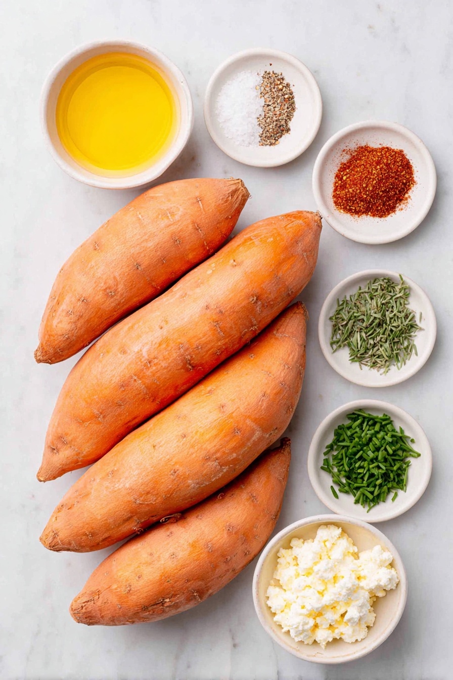 Sweet Potato Rounds with Honey and Feta, easy healthy appetizer, savory sweet potato bites, honey feta roasted sweet potatoes, simple fall appetizer - Flat lay of a stack of three large sweet potatoes with bright orange skin, a small white bowl of golden olive oil, a small white bowl containing a warm brown spice mix of cinnamon, smoked paprika, cumin, coriander, and red pepper flakes, a small white bowl of coarse kosher salt next to a small white bowl with fresh cracked black pepper, a small white bowl filled with amber honey, a small white bowl of crumbly white feta cheese, and a small bunch of fresh green chives and parsley sprigs placed neatly, all arranged in perfect symmetry, the ingredients looking fresh and natural, placed on a clean white marble surface, soft natural light, photo taken with an iPhone, professional food photography style, fresh ingredients, white ceramic bowls, no bottles, no duplicates, no utensils, no packaging --ar 2:3 --v 7 --p awthu7i m7354615311229779997