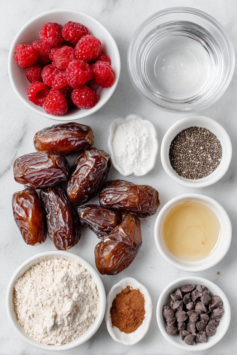 Raspberry Date Brownie Bites, healthy brownie bites, vegan snack ideas, fruit-filled dessert bites, easy no-bake treats - Flat lay of fresh large medjool dates with glossy brown skins, a small white bowl of vibrant frozen raspberries starting to thaw, a few loose chia seeds scattered neatly, a small white bowl filled with clear water, a small white bowl with fine white arrowroot powder, a small pile of rich dark cocoa powder, a small white bowl of amber maple syrup, a small dollop of creamy runny nut butter, a small mound of light oat flour, a small white bowl with pale almond milk, a small white dish holding a tiny amount of golden vanilla extract, a small white bowl filled with smooth dark chocolate chips, and a small white bowl with glossy melted coconut oil, all arranged in perfect symmetry and realistic proportions, placed on a clean white marble surface, soft natural light, photo taken with an iPhone, professional food photography style, fresh ingredients, white ceramic bowls, no bottles, no duplicates, no utensils, no packaging --ar 2:3 --v 7 --p awthu7i m7354615311229779997