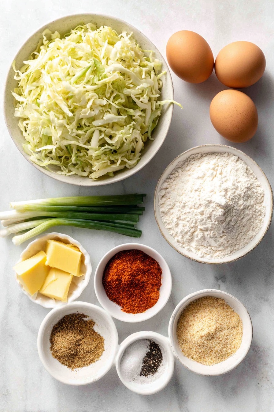 Cabbage Fritters, how to make cabbage fritters, easy cabbage fritters, crispy veggie fritters, healthy cabbage recipes - Flat lay of a small pile of finely shredded green cabbage, two medium-small bright orange grated carrots, three fresh green scallions sliced thinly, two whole uncracked brown eggs, a small mound of white all-purpose flour, two peeled garlic cloves minced finely, a small white ceramic bowl of golden yellow ghee, a small white ceramic bowl of coarse sea salt crystals, a small white ceramic bowl of ground black pepper, a small white ceramic bowl of vibrant red paprika powder, and a small white ceramic bowl of light brown ground coriander powder, all arranged symmetrically on a clean white marble surface, soft natural light, photo taken with an iPhone, professional food photography style, fresh ingredients, white ceramic bowls, no bottles, no duplicates, no utensils, no packaging --ar 2:3 --v 7 --p awthu7i m7354615311229779997