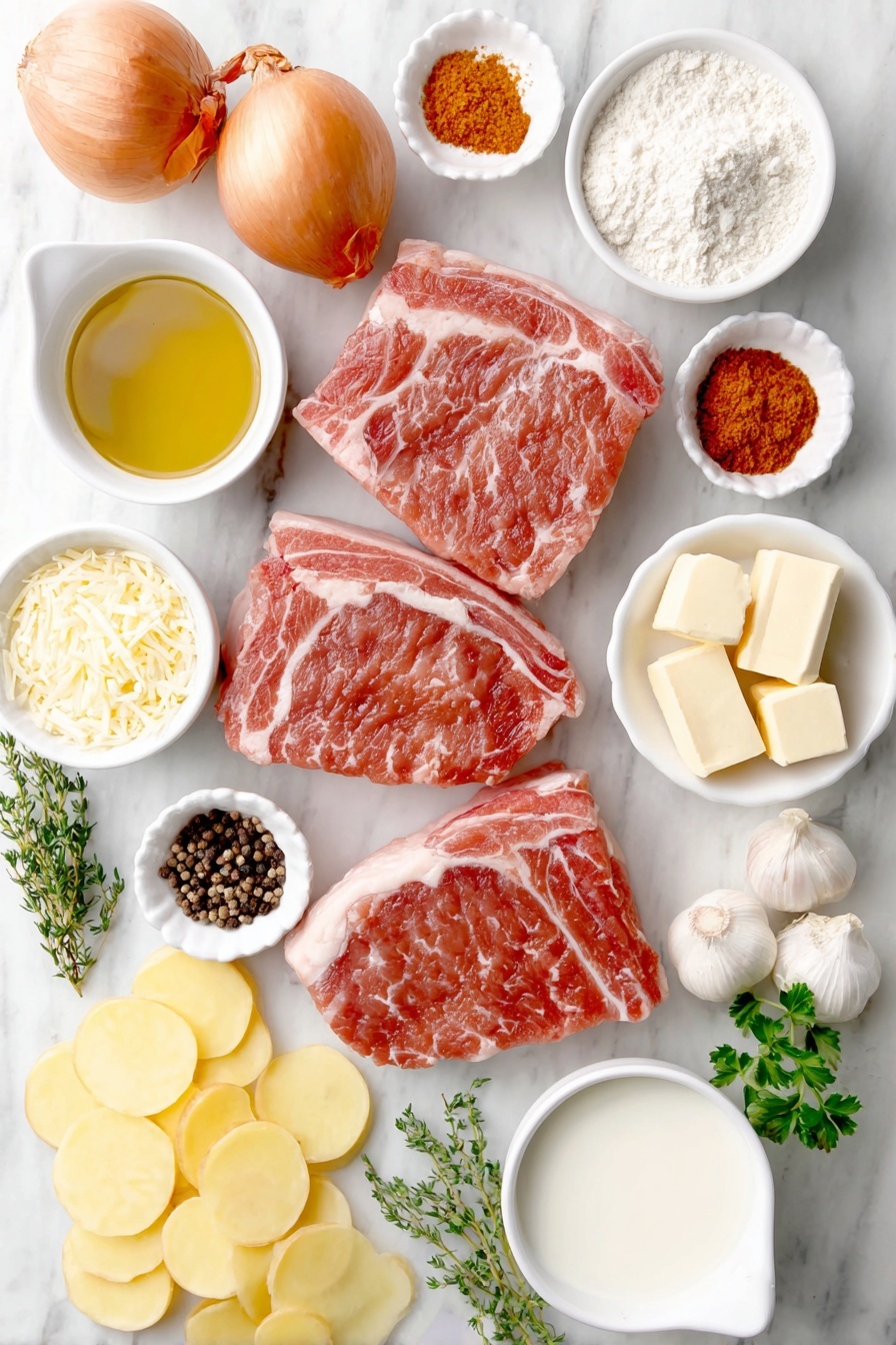 Smothered Pork Chop and Potato Casserole, pork chop casserole, cheesy potato bake, comfort food recipes, hearty pork and potato dish - Flat lay of fresh boneless pork chops with natural marbling, a small white bowl of golden olive oil, a small pile of coarse salt and whole black peppercorns, a small white bowl with bright red paprika powder, a small white bowl of pale garlic powder, a small white bowl of light brown onion powder, a medium yellow onion thinly sliced, three whole uncracked brown garlic cloves, a few cubes of pale unsalted butter, a small white bowl filled with white all-purpose flour, a small white bowl of whole milk, a small white bowl of clear golden chicken broth, a small white bowl of thick creamy heavy cream, fresh green thyme sprigs, thinly sliced Yukon gold potatoes fanned out, a small pile of shredded pale mozzarella cheese, and fresh bright green parsley sprigs, all arranged symmetrically on a simple white ceramic plate and bowls placed on a clean white marble surface, soft natural light, photo taken with an iPhone, professional food photography style, fresh ingredients, white ceramic bowls, no bottles, no duplicates, no utensils, no packaging --ar 2:3 --v 7 --p awthu7i m7354615311229779997