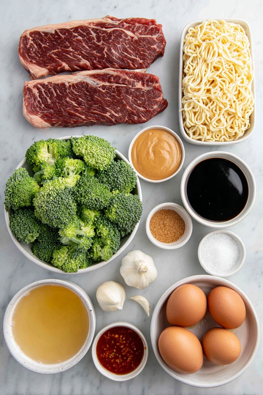 Beef Broccoli Ramen Stir Fry, Easy Beef Ramen Stir Fry, Quick Ramen Stir Fry Recipe, Healthy Beef and Broccoli Noodle Dish, Savory Ramen Stir Fry - Flat lay of a fresh strip steak sliced thinly, bright green broccoli florets, a small bundle of uncooked pale yellow ramen noodles, three whole garlic cloves with clean white skins, a small white ceramic bowl of dark low sodium soy sauce, a small white ceramic bowl of amber honey, a small white ceramic bowl of smooth light brown peanut butter, a small white ceramic bowl of brown sugar crystals, a small white ceramic bowl of reddish hot sauce, a small white ceramic bowl of glossy toasted sesame oil, a small white ceramic bowl of golden beef broth, a small white ceramic bowl of pale chicken broth, three whole brown eggs with clean shells, all ingredients arranged symmetrically with realistic proportions on a clean white marble surface, soft natural light, photo taken with an iPhone, professional food photography style, fresh ingredients, white ceramic bowls, no bottles, no duplicates, no utensils, no packaging --ar 2:3 --v 7 --p awthu7i m7354615311229779997