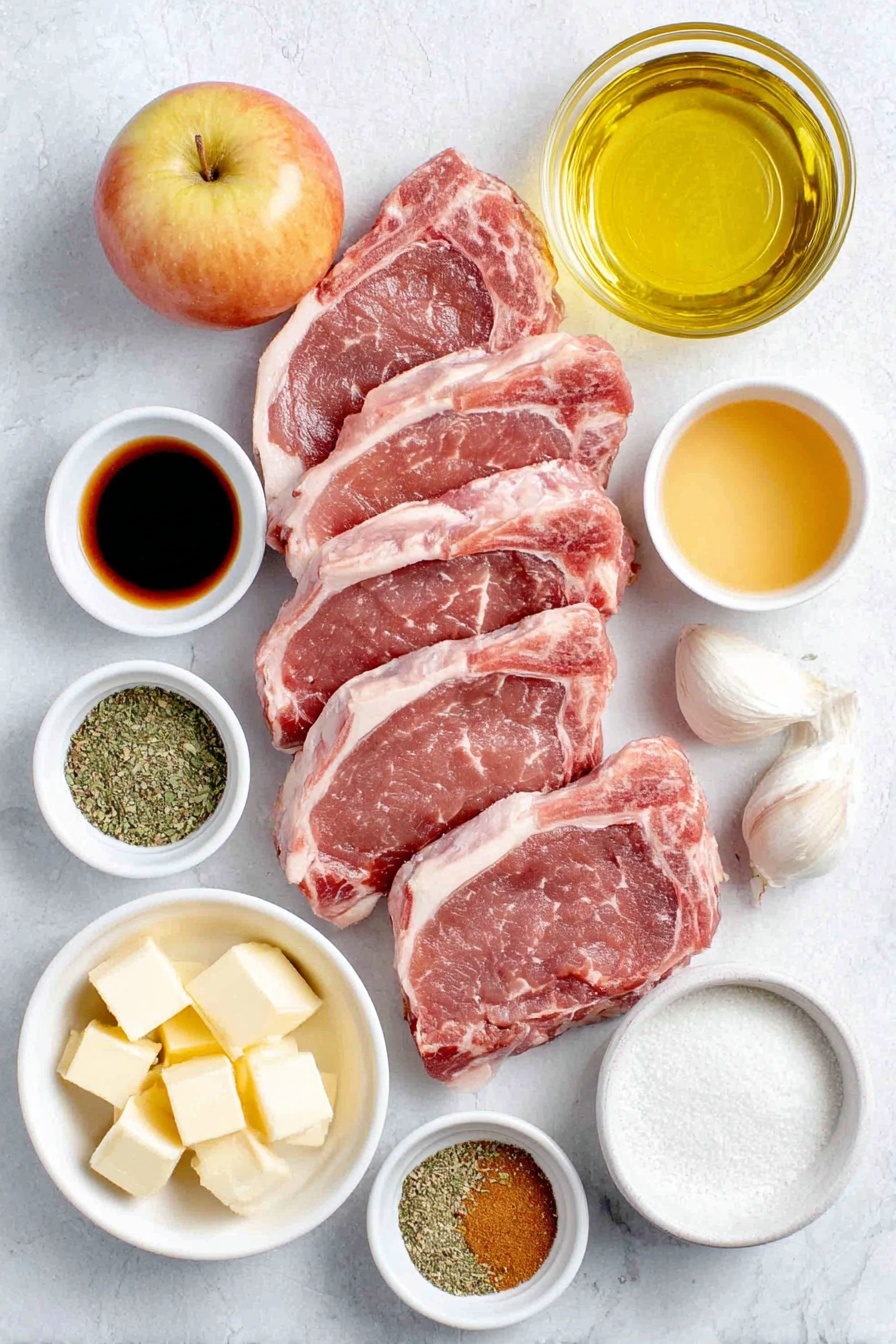 Apple Pork Chops with White Wine Sauce, pork chop recipes, easy pork chop dinners, elegant weeknight meals, white wine pork chops - Flat lay of four bone-in pork chops with marbled meat, a whole fresh apple with smooth skin, three whole uncracked garlic cloves, a small white ceramic bowl of golden olive oil, a small white ceramic bowl of pale dry white wine, a small white ceramic bowl of unsalted butter cubes, a small white ceramic bowl of light golden honey, a small white ceramic bowl of dark balsamic vinegar, a small white ceramic bowl of light brown sugar, a small white ceramic bowl of mixed dried herbs and spices (thyme, oregano, parsley, sage, cinnamon, nutmeg, mustard powder, onion powder), a small white ceramic bowl of pale chicken broth, and a small white ceramic bowl of white cornstarch powder, all arranged in perfect symmetry on a clean white marble surface, soft natural light, photo taken with an iPhone, professional food photography style, fresh ingredients, white ceramic bowls, no bottles, no duplicates, no utensils, no packaging --ar 2:3 --v 7 --p awthu7i m7354615311229779997