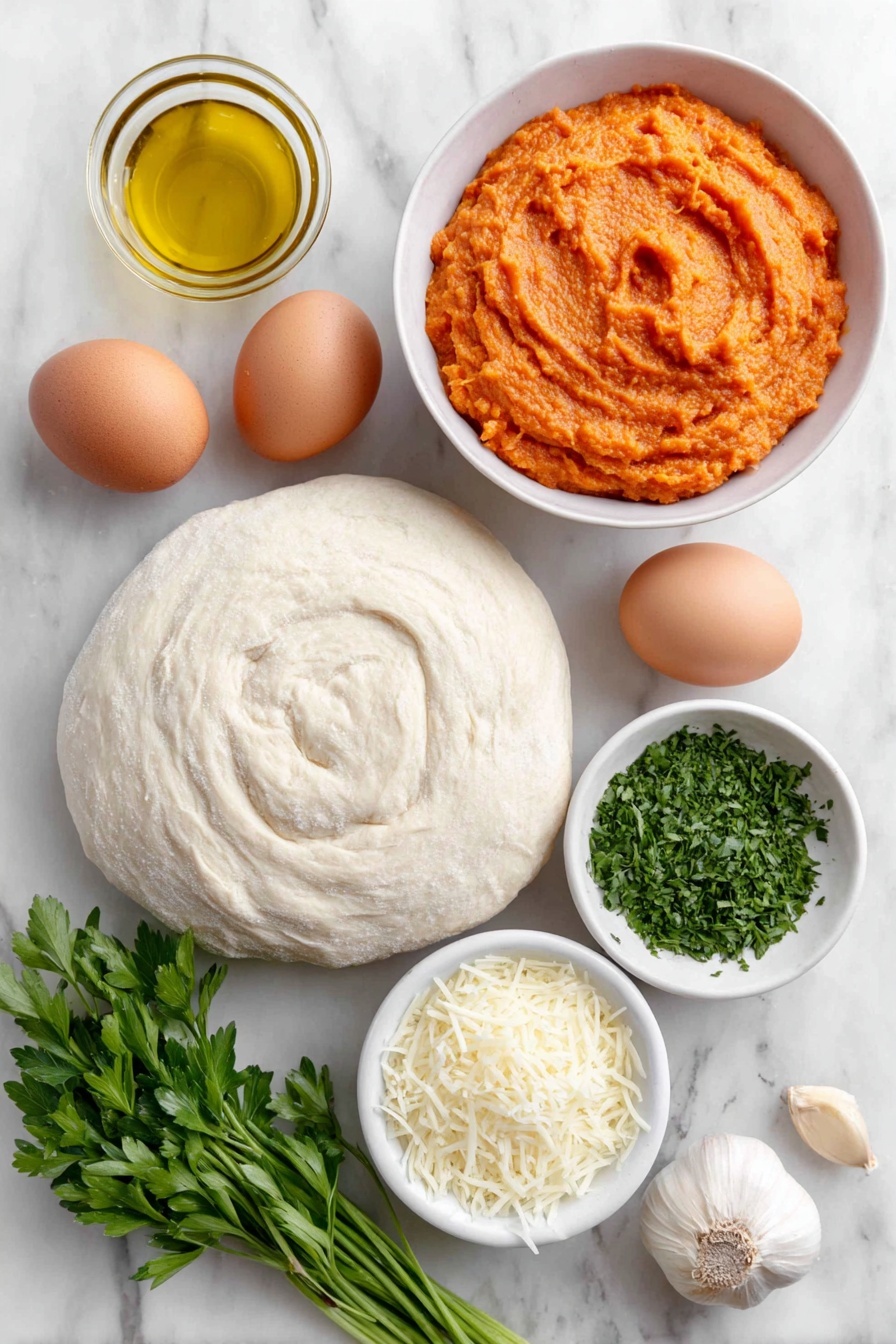 Pumpkin and Gouda Pizza with Caramelized Onions, Pumpkin and Gouda Pizza, Fall Onion Pizza Recipe, Savory Pumpkin Pizza, Gourmet Onion and Cheese Pizza - Flat lay of a small white ceramic bowl with smooth bright orange pumpkin puree, a few whole uncracked brown eggs, a neatly coiled ball of fresh pale pizza dough, a small white ceramic bowl filled with golden extra-virgin olive oil, a white ceramic bowl holding thinly sliced translucent yellow onion rings, a few fresh garlic cloves with papery skin intact, a small white ceramic bowl of crushed red pepper flakes, a modest pile of freshly grated creamy gouda cheese, and a small bunch of finely chopped vibrant green fresh parsley, all arranged symmetrically and proportionately with perfect balance, placed on a clean white marble surface, soft natural light, photo taken with an iPhone, professional food photography style, fresh ingredients, white ceramic bowls, no bottles, no duplicates, no utensils, no packaging --ar 2:3 --v 7 --p m7354615311229779997