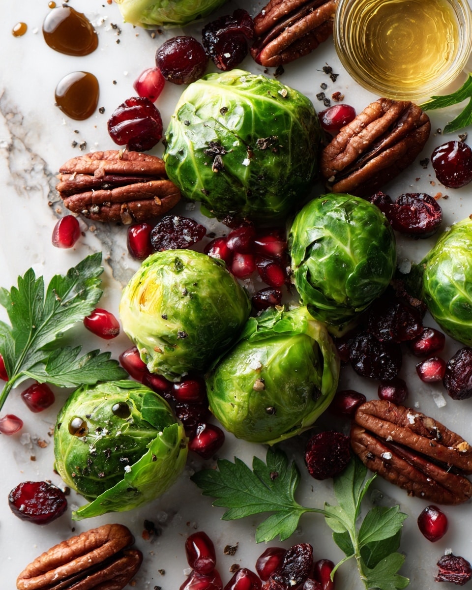 Balsamic Roasted Brussels Sprouts with Pecans and Cranberries, roasted Brussels sprouts with balsamic, cranberry Brussels sprouts side dish, festive vegetable side, easy roasted sprouts - Flat lay of fresh green Brussels sprouts halved to reveal their tightly packed layers, glossy deep brown toasted pecan halves with rough textured edges, vibrant red dried cranberries scattered naturally, bright green fresh parsley leaves with delicate veins, small pools of dark, shiny balsamic vinegar, and golden amber honey droplets glistening softly, all arranged artfully with some crushed black pepper specks and coarse sea salt crystals sprinkled lightly, placed on white marbled surface, photo taken with an iphone --ar 2:3 --v 7