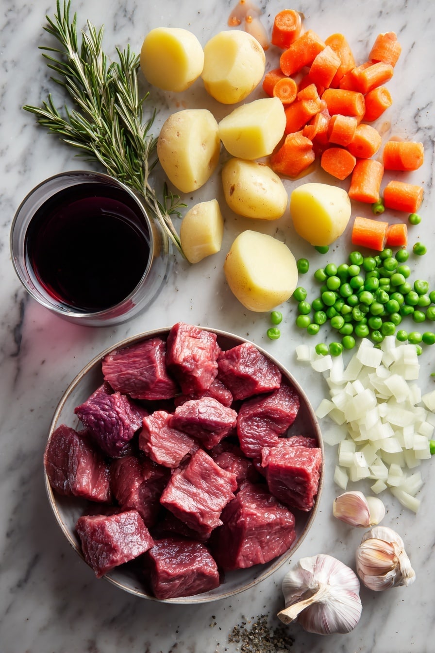 Slow Cooker Beef Stew, hearty beef stew, easy slow cooker recipes, comforting dinner ideas, tender beef recipes - Flat lay of rich red cubes of raw beef stew meat, bright orange carrot chunks, creamy pale yellow baby Yukon gold potatoes halved, glossy deep purple-red glass of cabernet sauvignon, fresh sprig of green rosemary, vibrant white and light purple diced onions, peeled cloves of garlic with smooth white skins, and bright green frozen peas scattered lightly, all arranged naturally with contrasting colors and textures, placed on white marbled surface, photo taken with an iphone --ar 2:3 --v 7