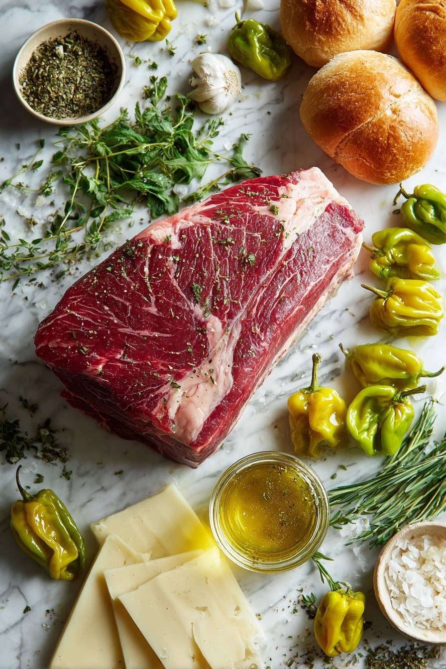 Italian Beef Sandwiches with Pepperoncini and Melted Cheese, Italian beef sandwiches, Pepperoncini beef sandwich recipe, hearty Italian sandwich, gourmet beef sandwiches - Flat lay of a large raw beef roast with rich red and marbled fat textures, scattered bright green and yellow pepperoncini peppers with wrinkled skins, fresh garlic herb seasoning sprinkled in small piles of dried herbs, a small glass jar of golden-yellow pepperoncini brine with a slight sheen, thick slices of creamy white provolone cheese, golden crusty sub rolls with a soft interior visible, and fresh sprigs of green Italian herbs gently placed around, all arranged naturally with overlapping elements and varied shapes, placed on white marbled surface, photo taken with an iphone --ar 2:3 --v 7