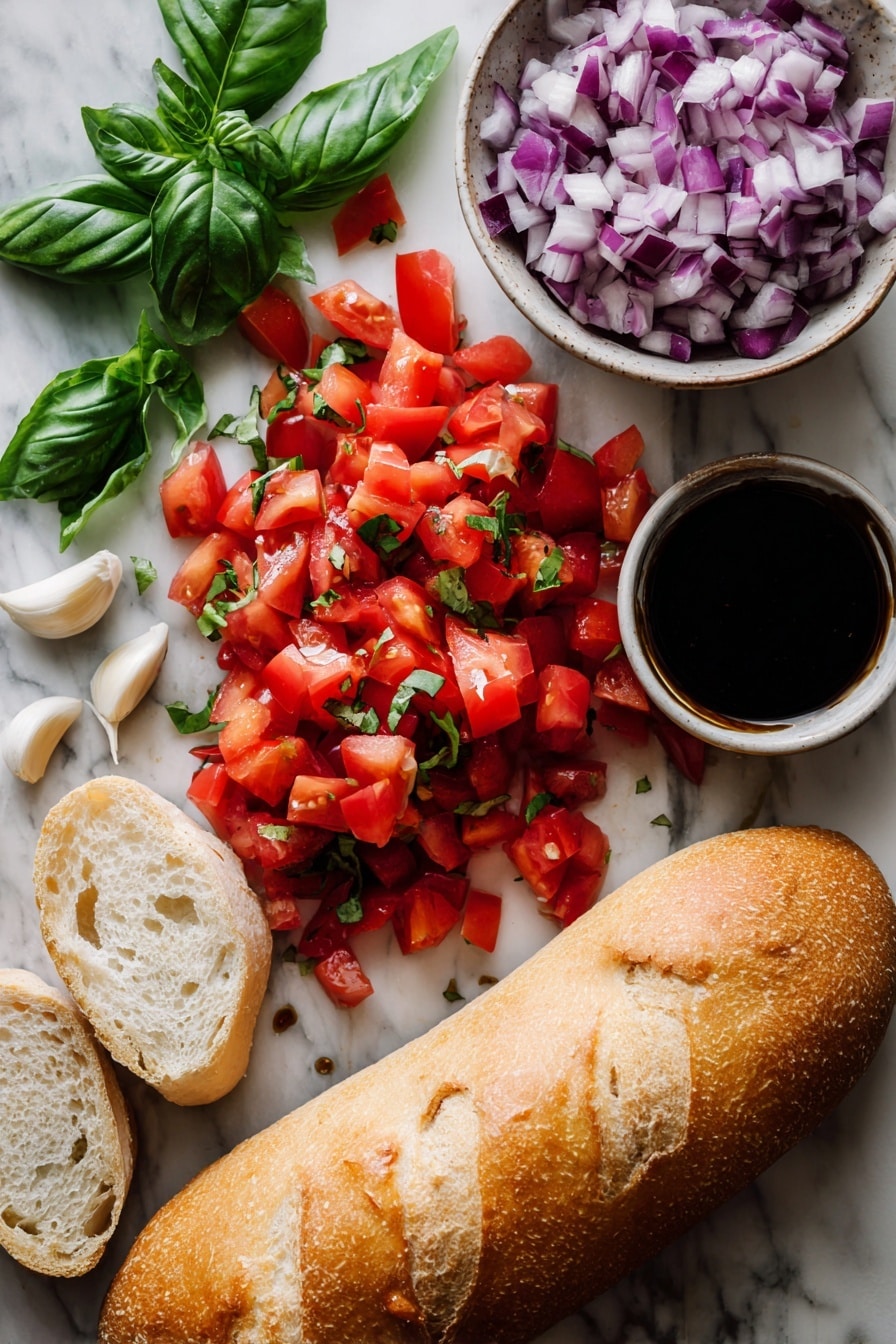 Tomato Bruschetta with Balsamic Glaze, tomato bruschetta appetizer, balsamic glaze recipes, easy bruschetta ideas, fresh tomato appetizers - Flat lay of ripe red roma tomatoes diced with vibrant purple-red diced red onion, bright green fresh basil leaves roughly chopped, plump cloves of garlic with smooth white papery skin, glossy deep brown balsamic vinegar reduced to a thick glaze, and a fresh loaf of crusty French baguette with a golden brown crust and soft creamy interior, all naturally arranged with scattered basil leaves and garlic cloves for texture contrast, placed on white marbled surface, photo taken with an iphone --ar 2:3 --v 7
