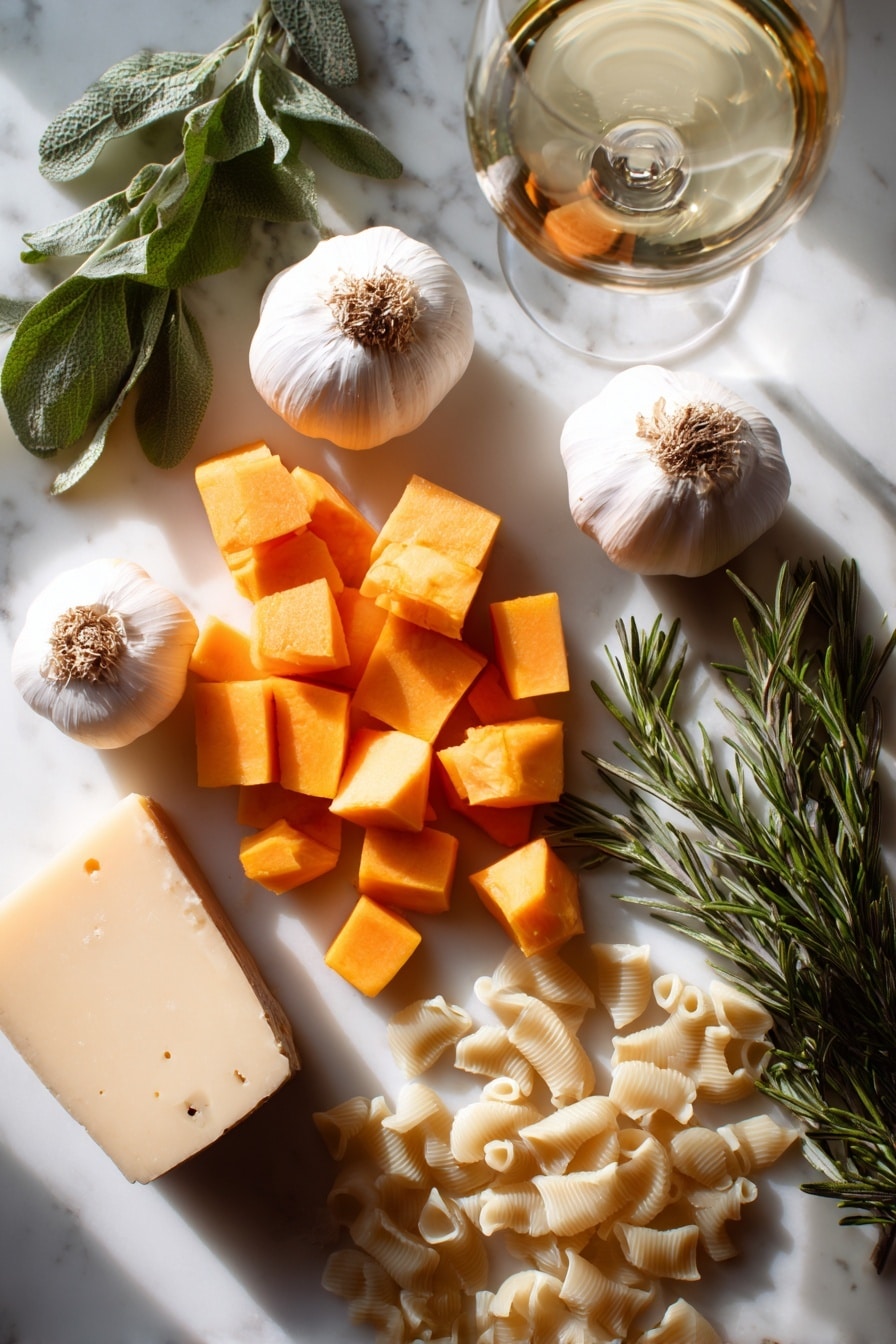 Roasted Pumpkin and Garlic Pasta with Parmesan, pumpkin pasta recipes, easy fall pasta dishes, cozy pumpkin pasta dinner, one-pot pumpkin pasta - Flat lay of medium-sized diced orange pumpkin pieces with smooth skin, two whole garlic bulbs with papery white skins and exposed cloves, fresh green rosemary sprigs with needle-like leaves, uncooked small pasta shapes in a pale cream color, a wedge of light yellow parmesan cheese with a slightly crumbly texture, a small bunch of fresh green herbs, and a glass of white wine showing a pale golden hue, all naturally scattered and artistically arranged with gentle shadows and soft natural light, placed on white marbled surface, photo taken with an iphone --ar 2:3 --v 7