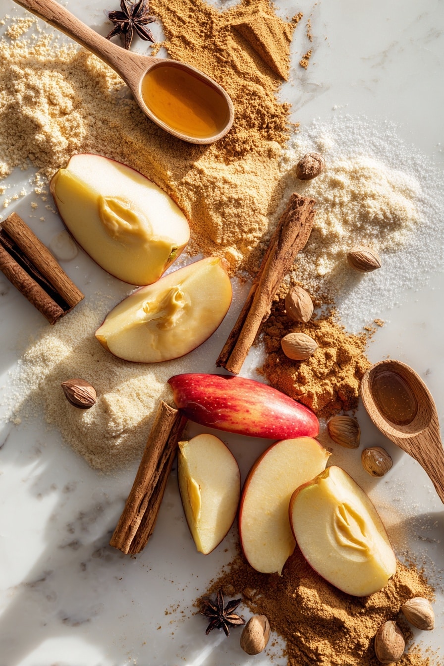 Vegan Apple Upside Down Cake, vegan apple dessert, plant-based apple cake, dairy-free apple cake, vegan apple dessert recipe - Flat lay of fresh red and golden apple slices with smooth, pale yellow vegan butter chunks, rich dark brown sugar crystals, warm cinnamon sticks and vibrant ground cinnamon powder, small wooden spoons holding pure vanilla extract, scattered light brown nutmeg seeds, and moist golden all-purpose flour dusts, arranged naturally with soft shadows and textured contrasts, placed on white marbled surface, photo taken with an iphone --ar 2:3 --v 7