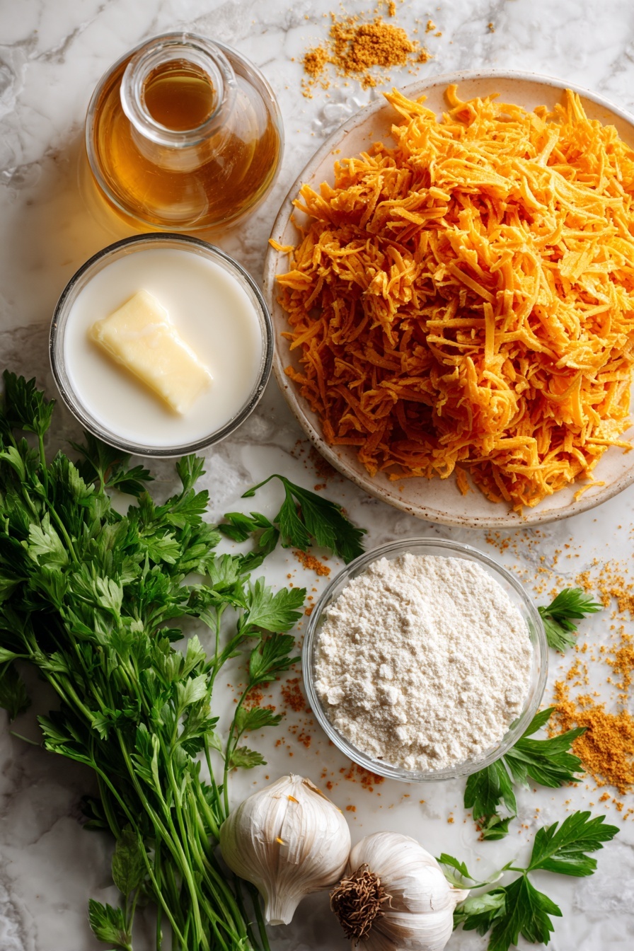 Vegan Cheddar Bay Biscuits, dairy-free cheesy biscuits, vegan biscuit recipe, garlic cheddar biscuits, plant-based cheesy biscuits - Flat lay of shredded vegan cheddar cheese with its rich orange color and crumbly texture, fresh bright green chopped parsley leaves scattered nearby, smooth and glossy melted vegan butter with a pale yellow hue in a small pool, a halved apple cider vinegar bottle showing its amber liquid inside, a small mound of fine white all-purpose flour with a slightly powdery texture, vibrant golden garlic powder sprinkled gently, whole unsweetened soy milk in a clear glass container showing its creamy white color, and a few fresh garlic cloves with papery white skin, all beautifully arranged in a natural, slightly scattered way to highlight their freshness and colors, placed on white marbled surface, photo taken with an iphone --ar 2:3 --v 7